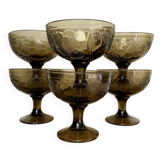 6 vintage Luminarc smoked glass fruit bowls