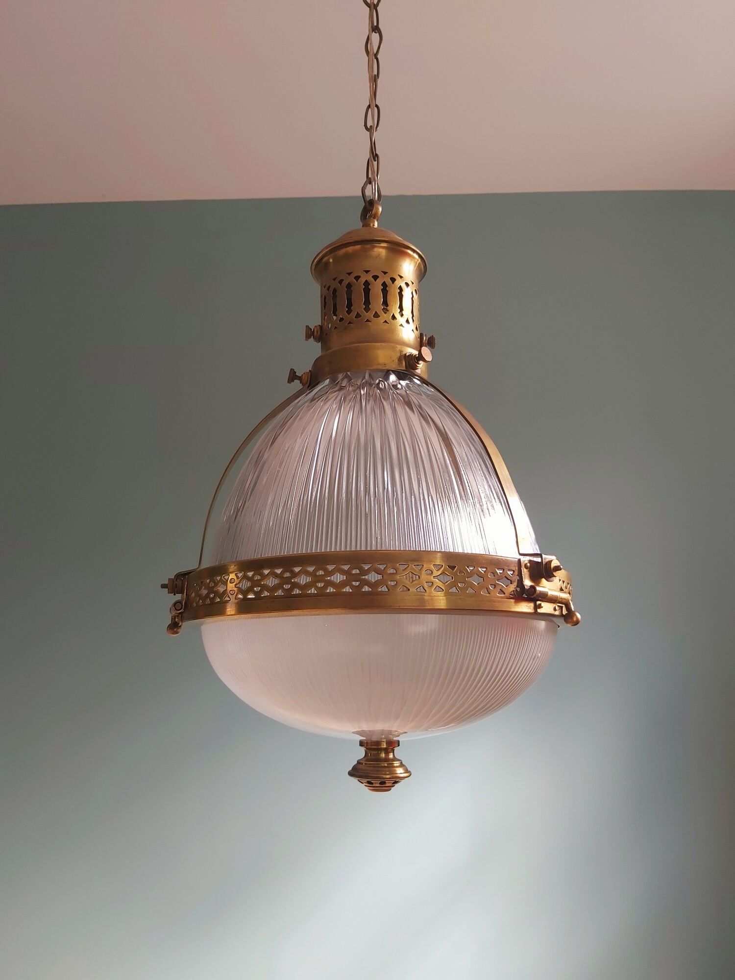Holophane pendant lamp in prismatic glass and brass, 1920s-30s