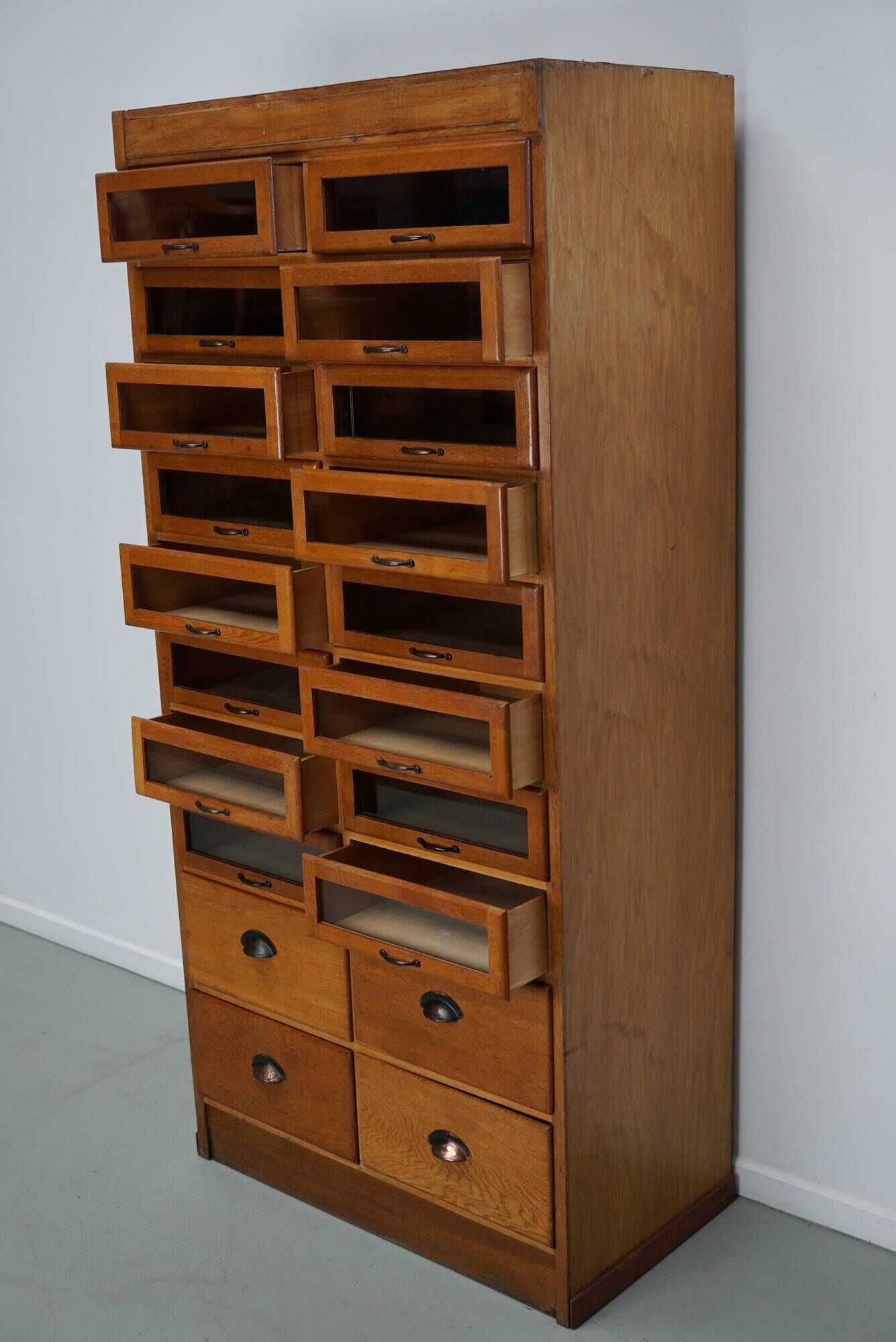 English Haberdashery Shop Cabinet with Glass Fronted Drawers, Circa 1930s