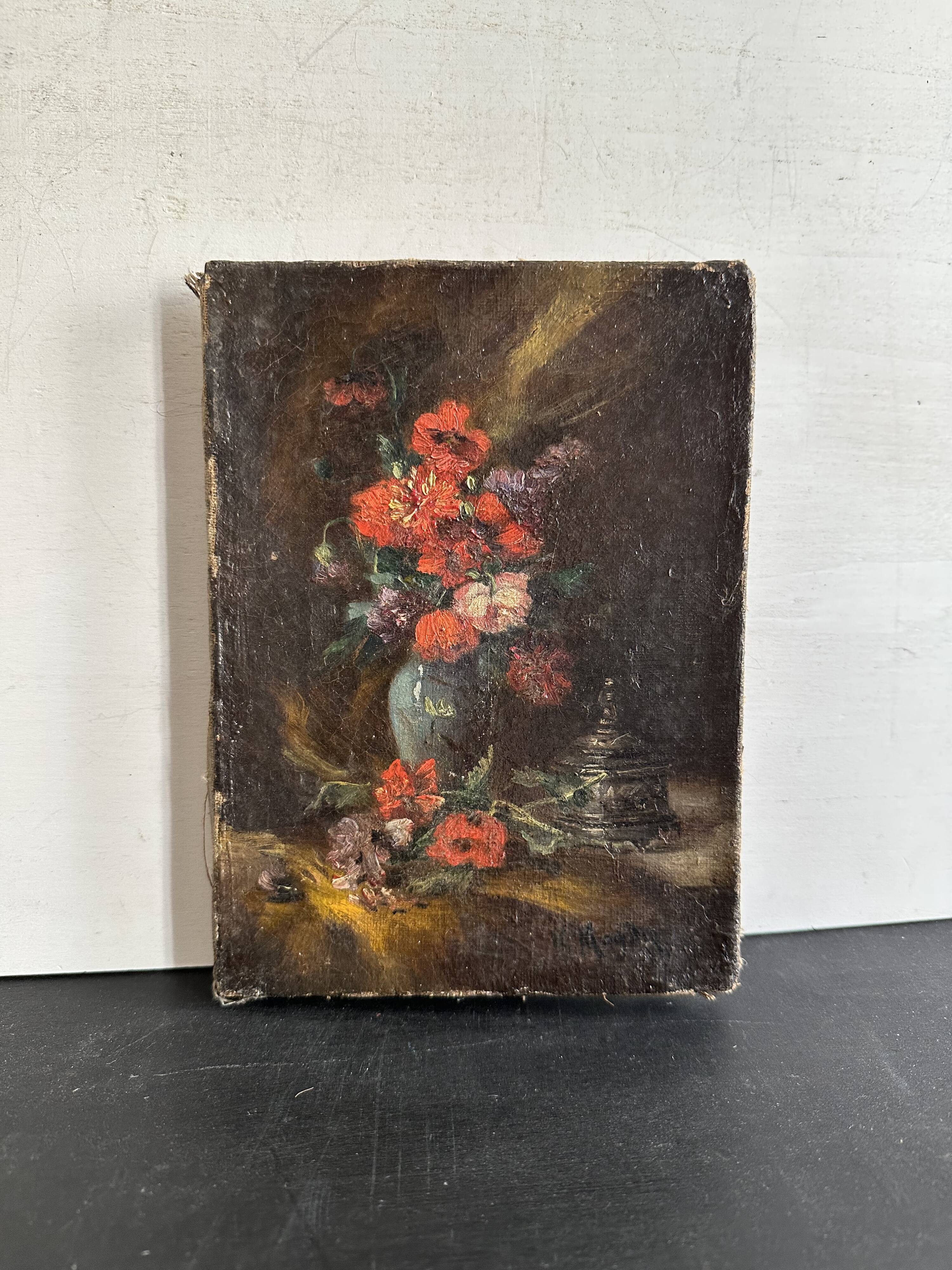 Tableau ancien fleurs signé avec cadre en bois et stuc doré, XIXe