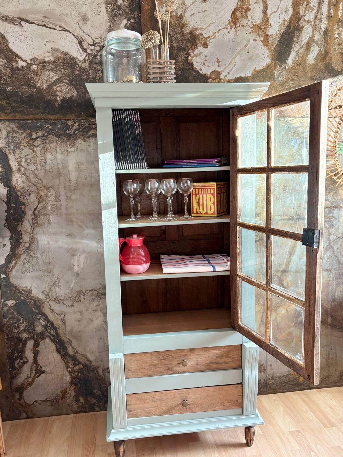 Raw wood and celadon glass cabinet