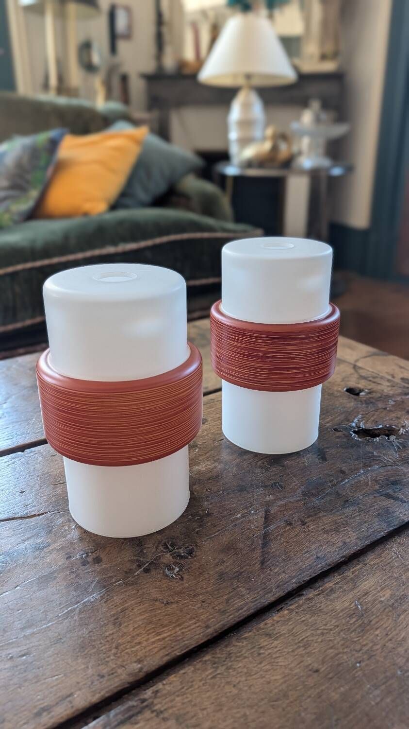 Pair of opaline lampshades, wood imitation decor from the 60s.