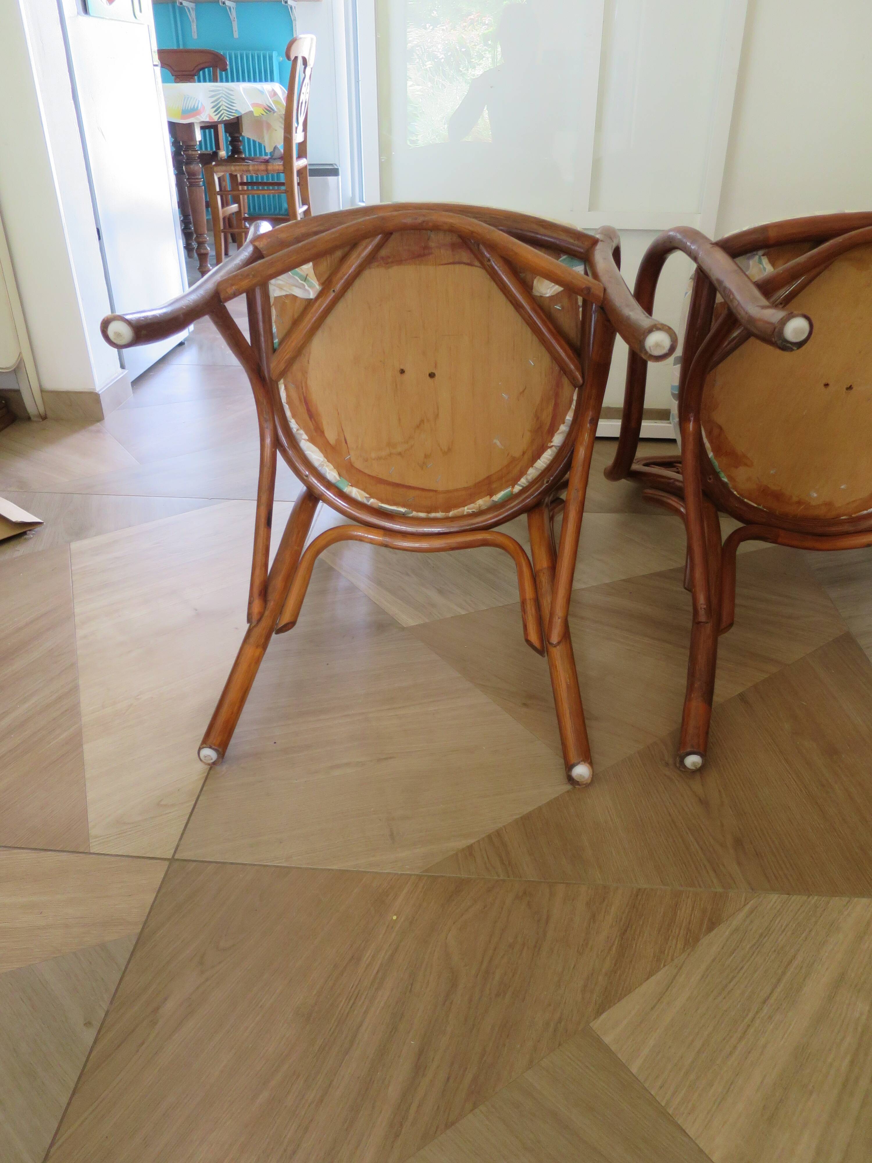 Vintage lot of 2 woven bamboo rattan armchairs - Curved wood - 1980s