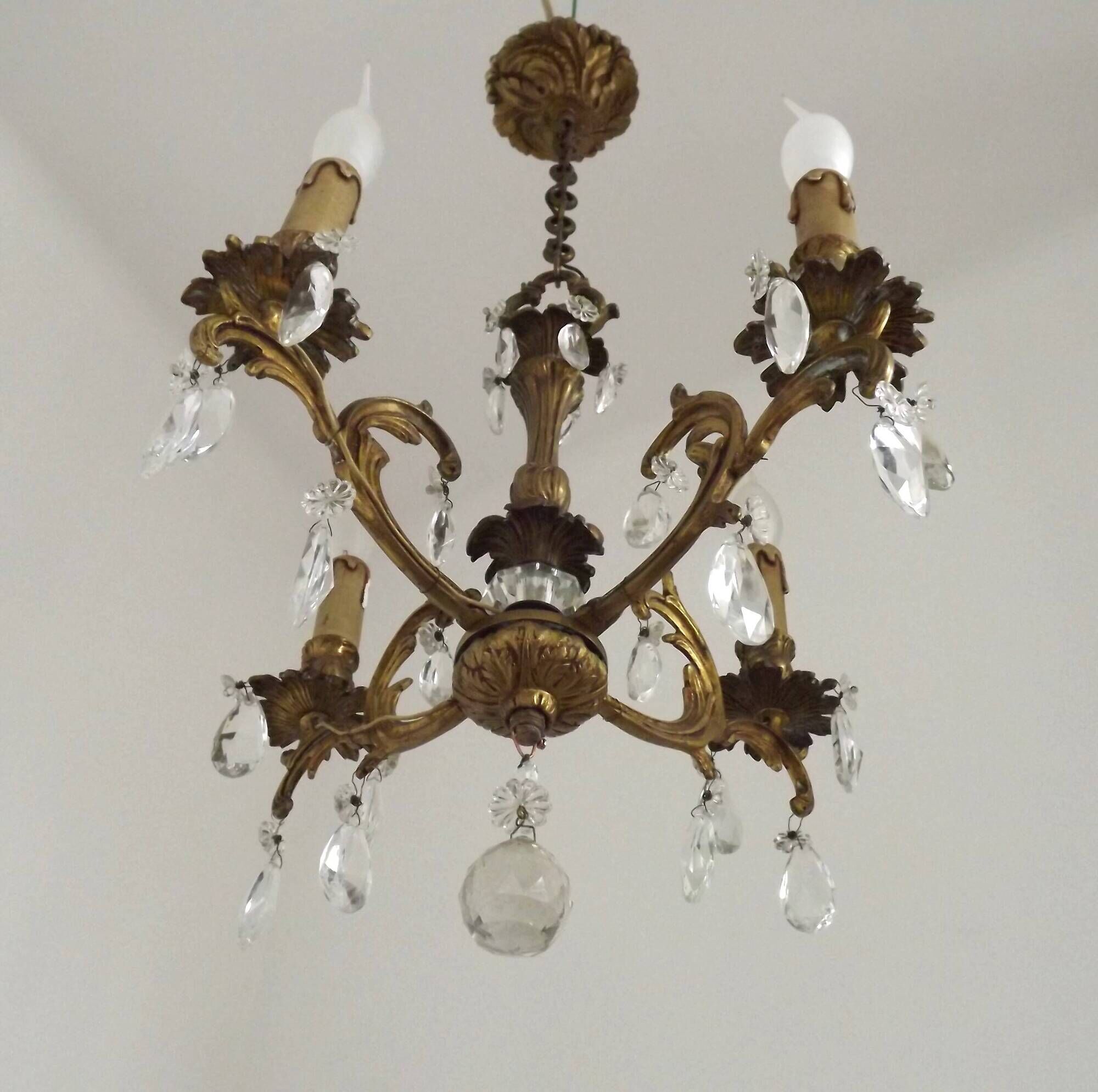 French Vintage Bronze and Glass 4 Light Art Nouveau Crystal Chandelier