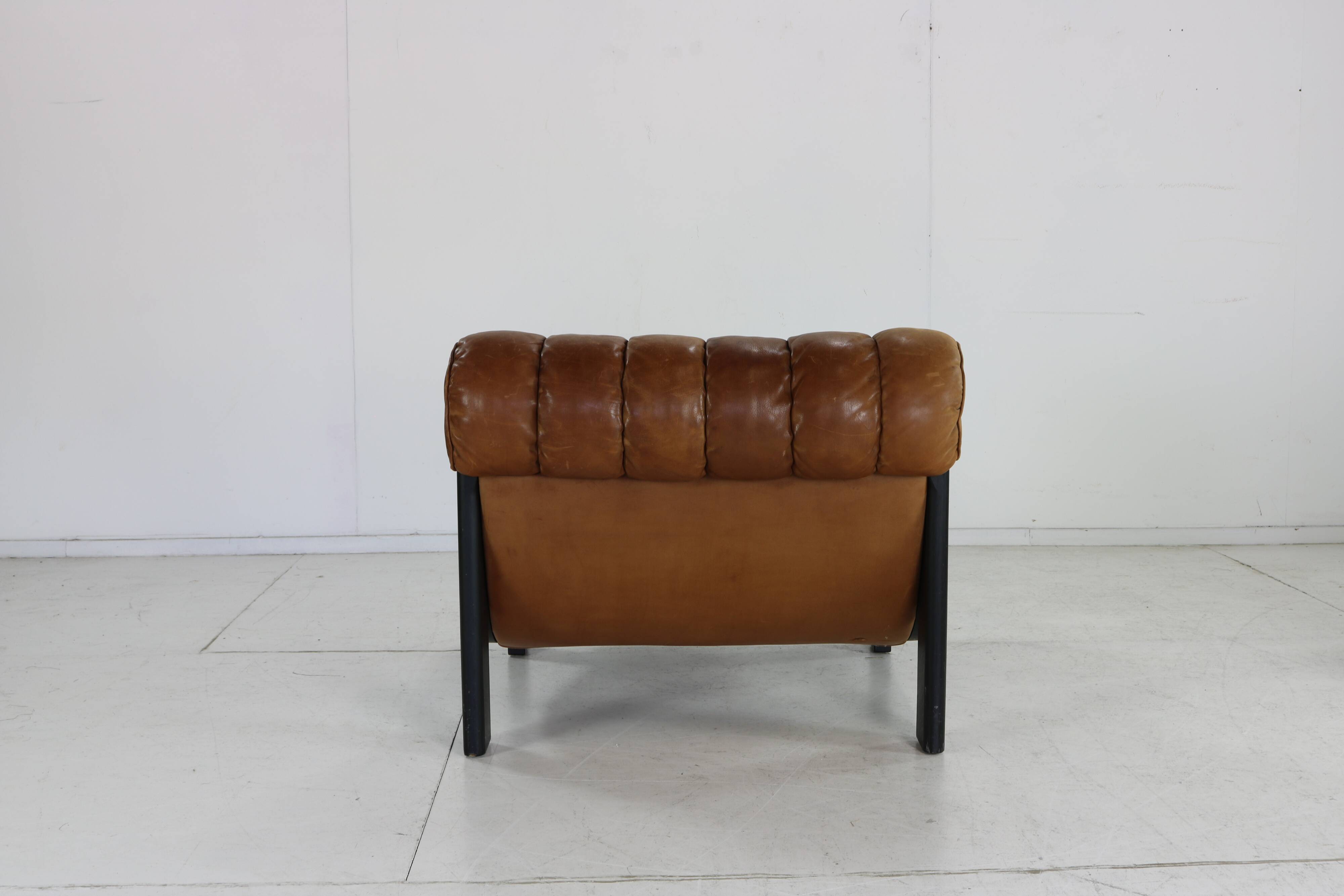 70s living room set in cognac brown leather with black wenge wood frame