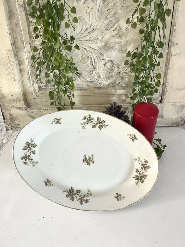 Plat profond vintage en houx français, plat de service de Noël, grand ovale