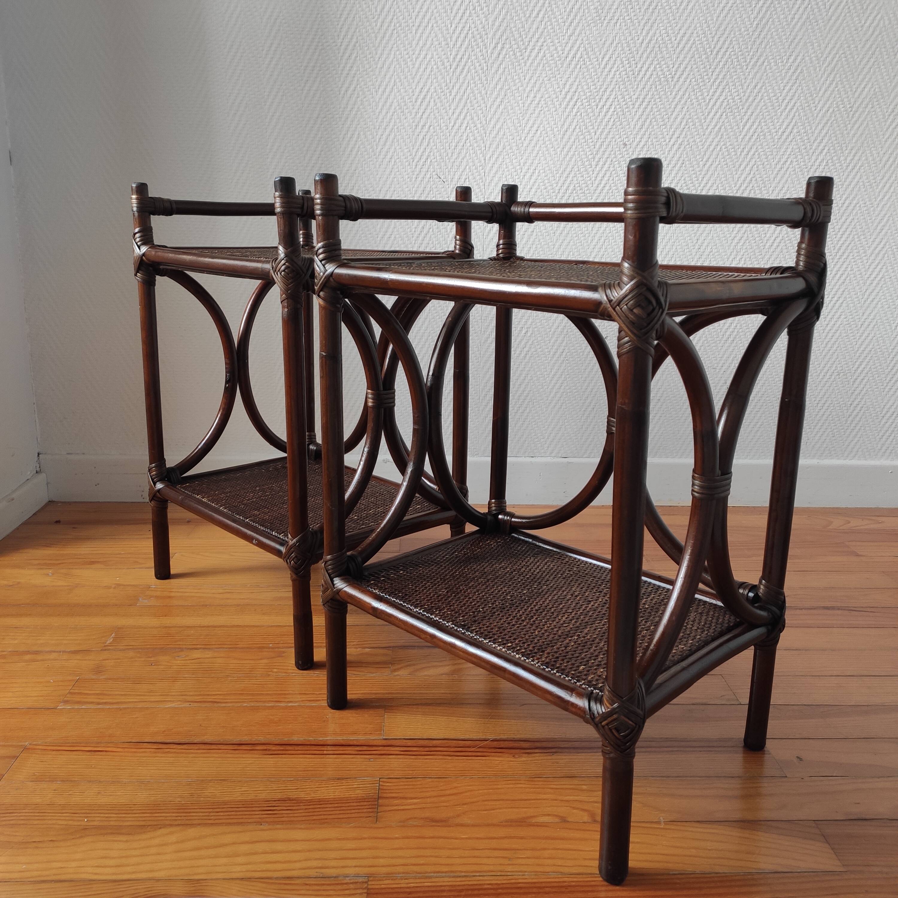 Pair of 1970s rattan bedside tables, side tables.