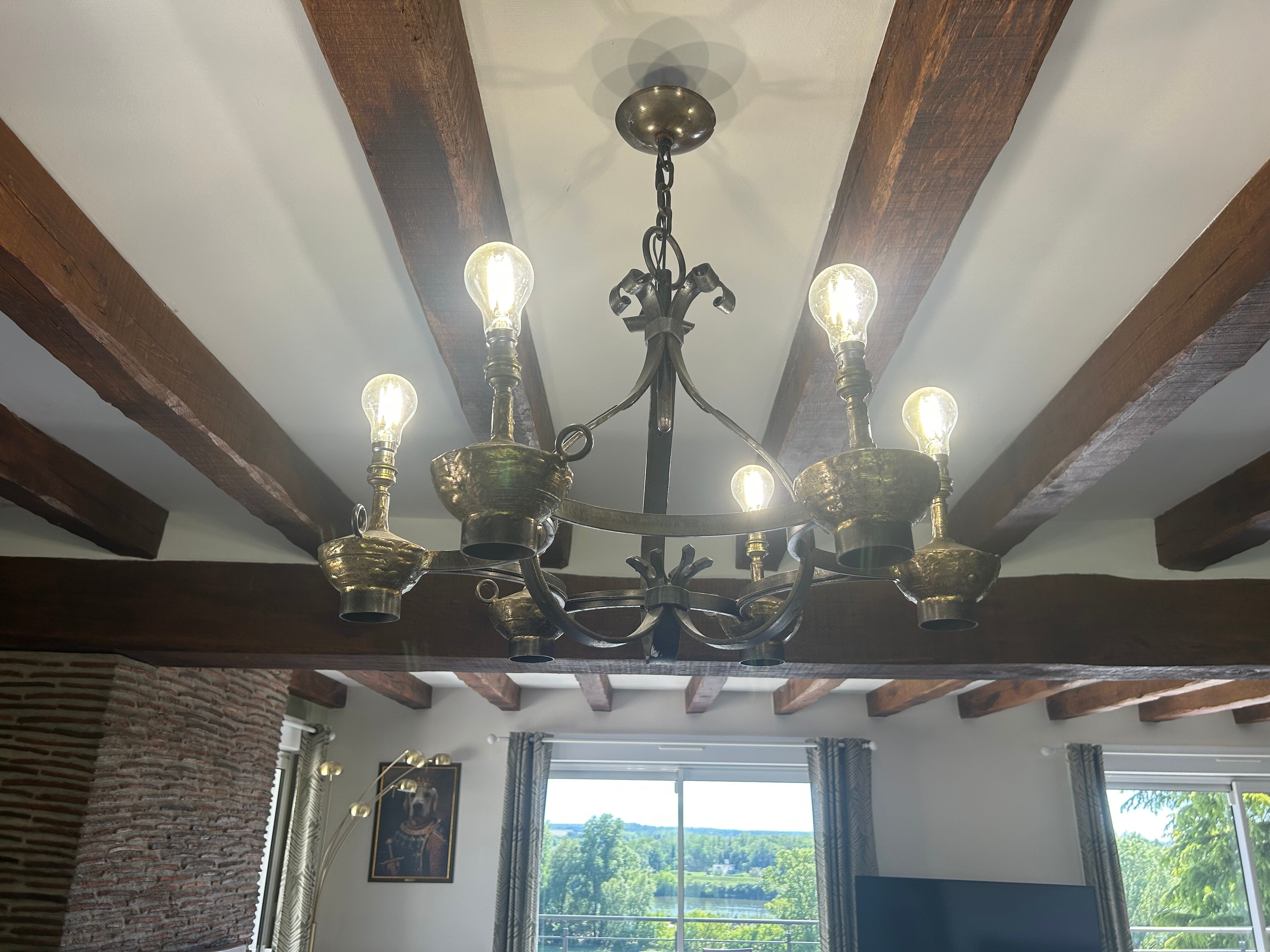 Exceptional set Max Bré: Large chandelier with 6 lights and its pair of wall sconces.