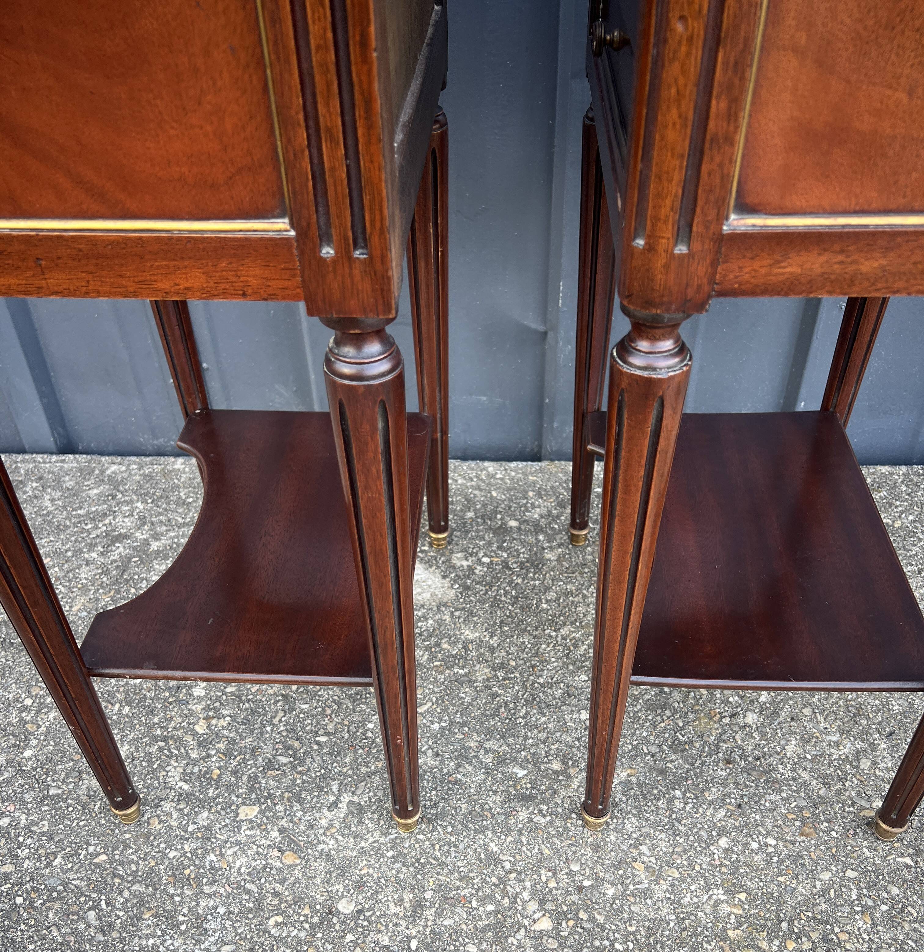 Pair of mahogany bedside tables, marble top, Louis XVI style