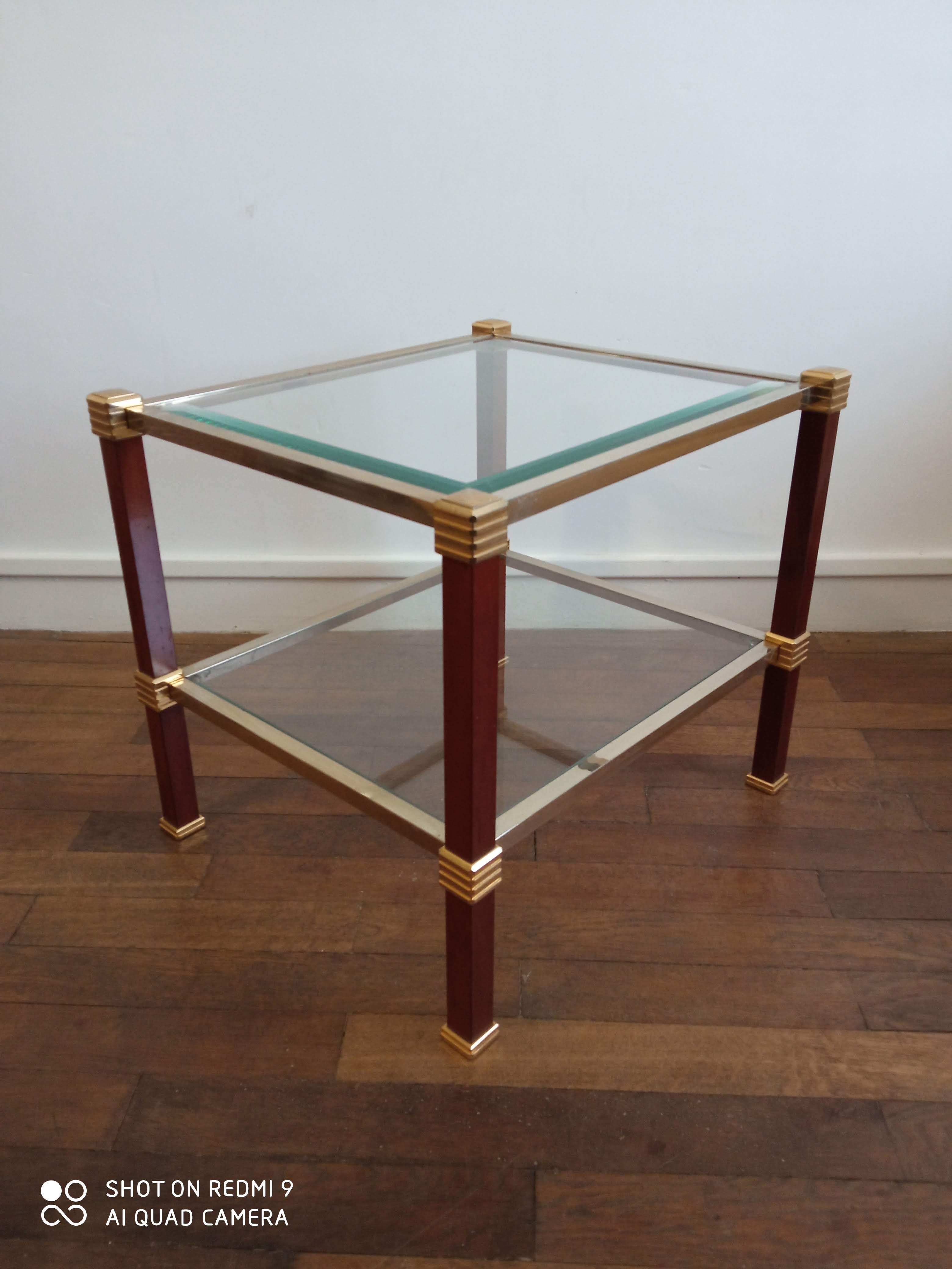 Roche Bobois coffee table in wood, brass and 70s glass
