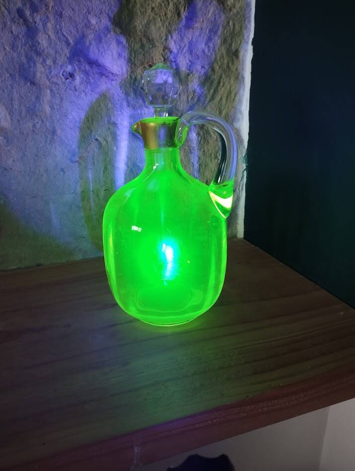 Vintage carafe in fluorine, signed 1930s–40s.