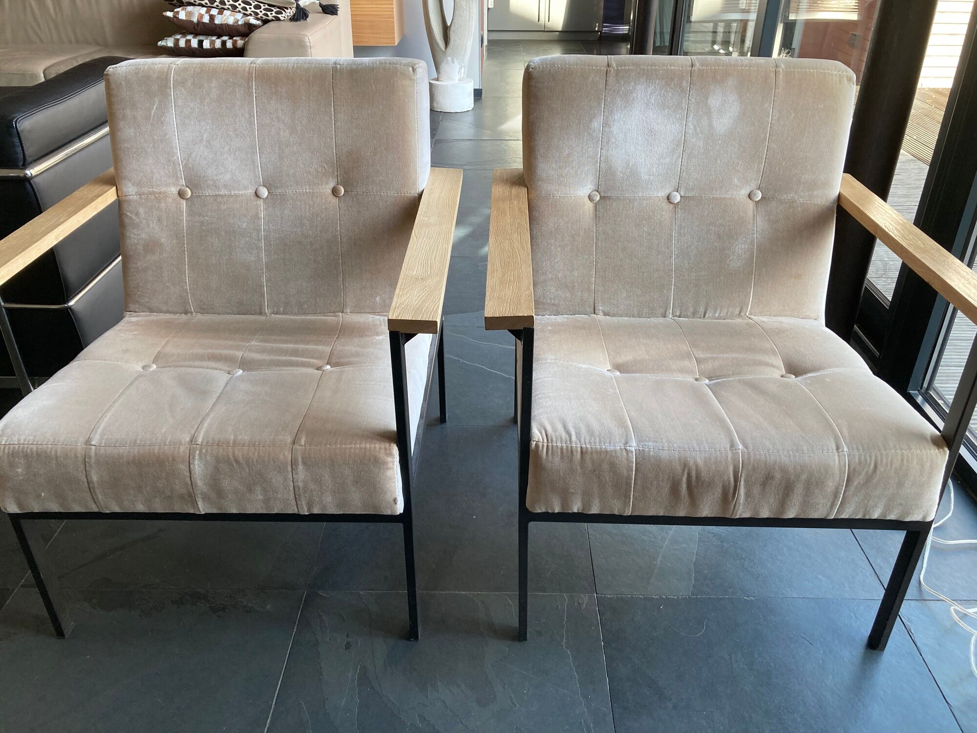 Pair of pomax metal/velvet armchairs