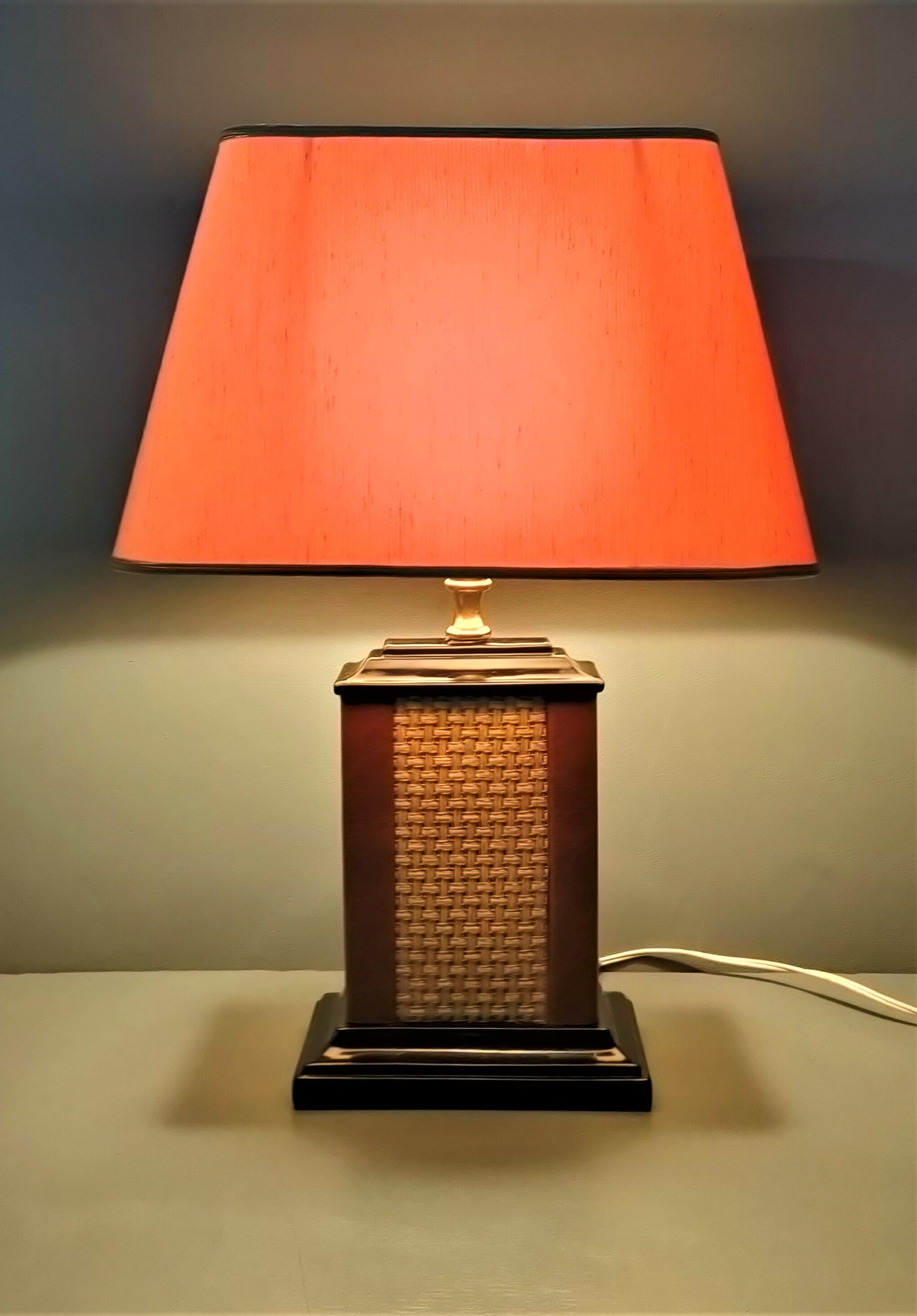 Lamp Le Dauphin black ceramic glazed, wicker canelé, imitation leather havana ~ 70's