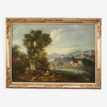 Peinture huile sur toile paysage avec personnages du 20ème siècle
