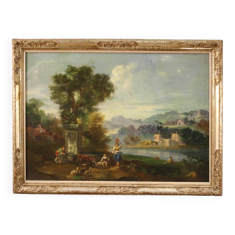 Peinture huile sur toile paysage avec personnages du 20ème siècle