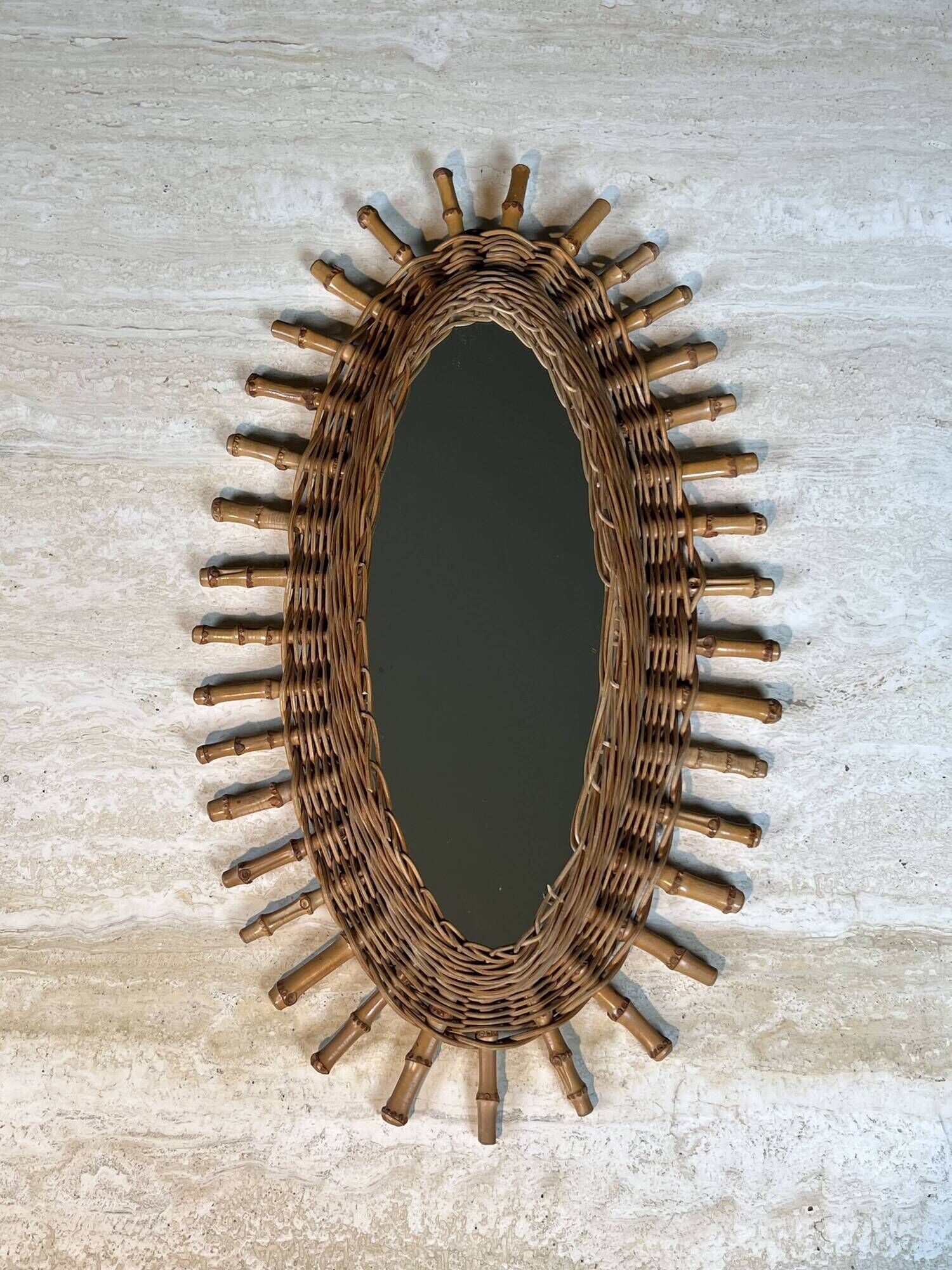 Oval Mirror in Rattan. Woven Willow and Bamboo. French Work from the Riviera.