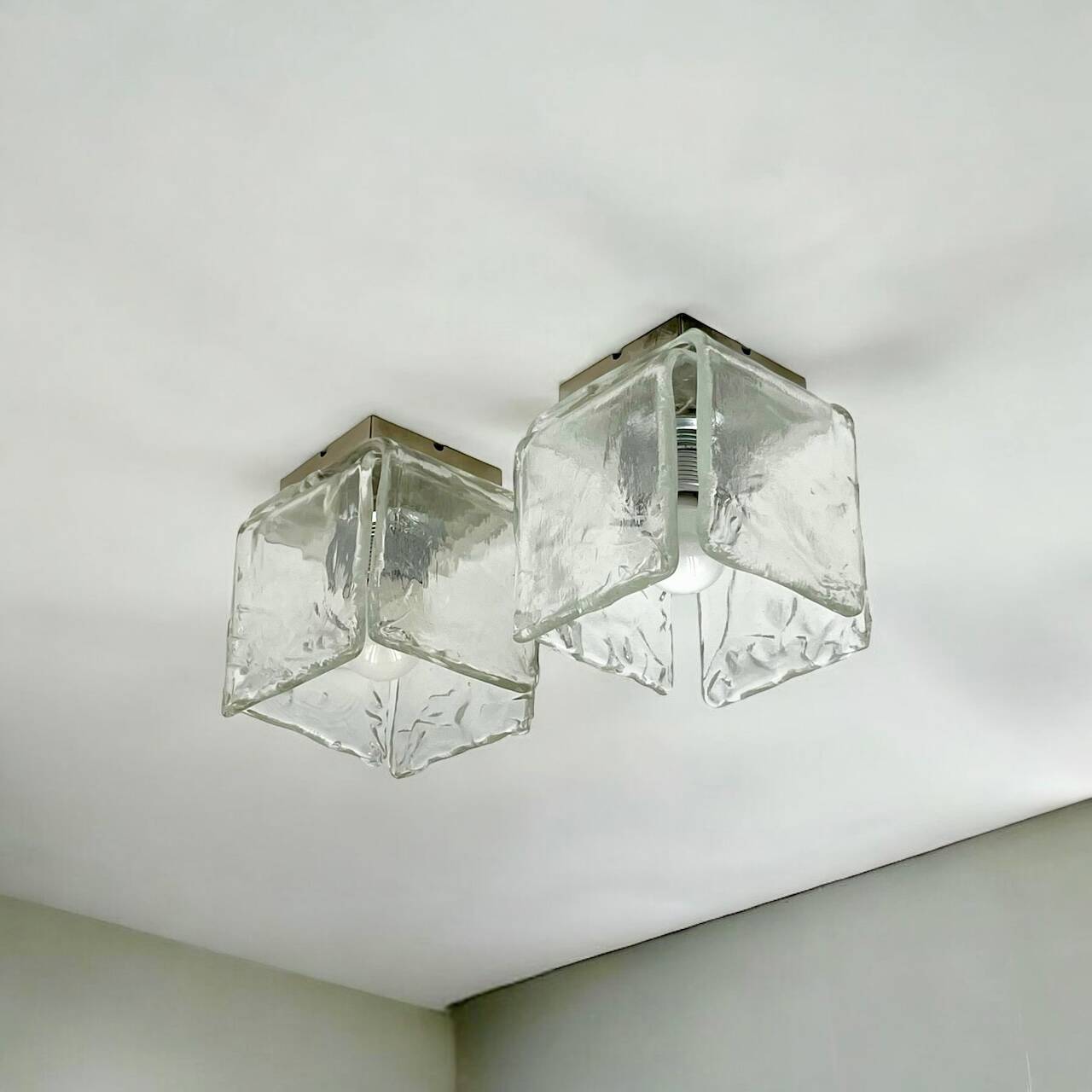 Vintage 70s Handmade Murano Ice Glass Wall or Ceiling Lamps by Toso