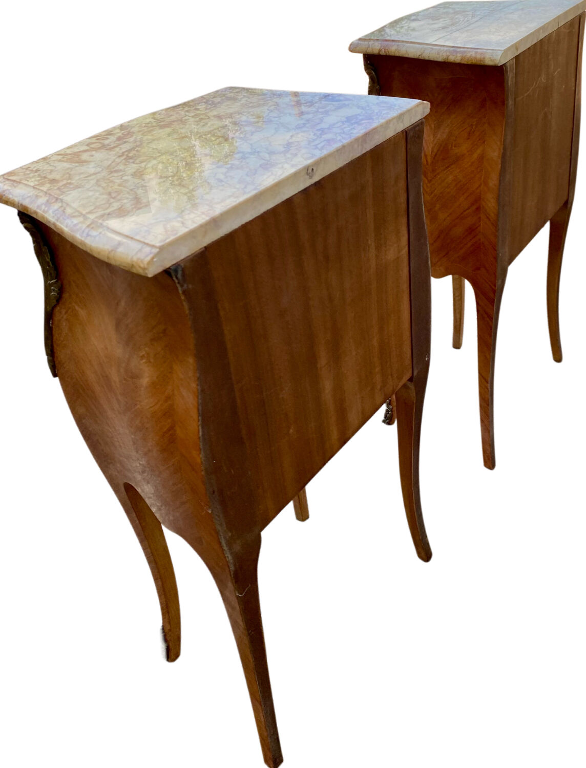 Pair of bedside tables in marquetry – veined marble top – Louis XV style