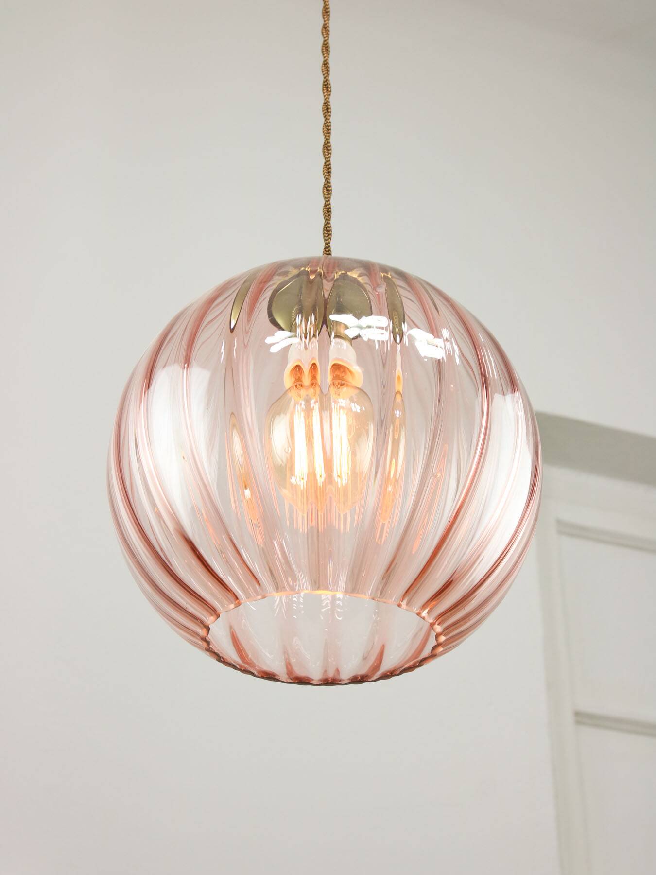 Mid-Century Italian Pink Glass and Brass Pendant Lamp