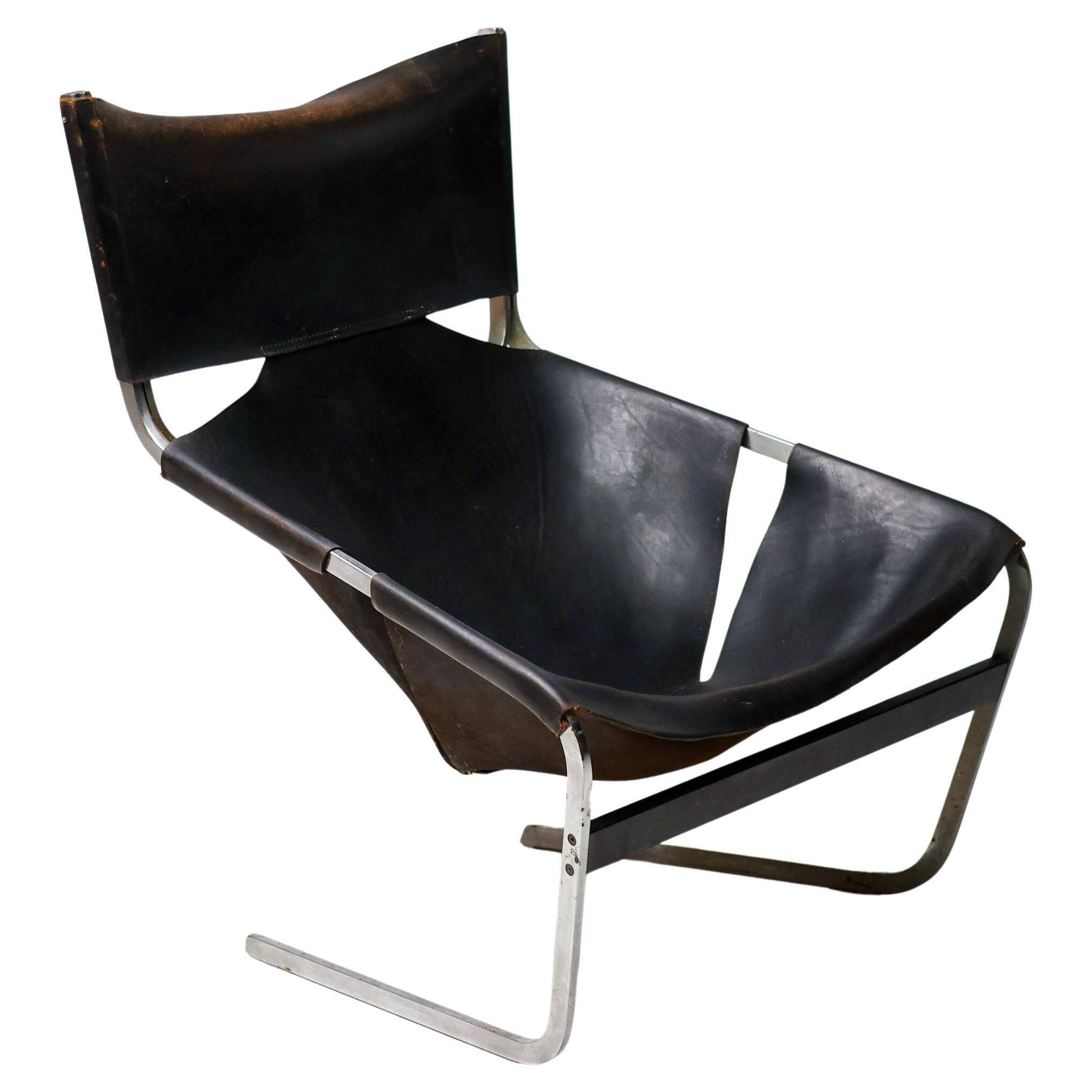 Pierre Paulin F444 chaise longue in black leather - All original, Vintage