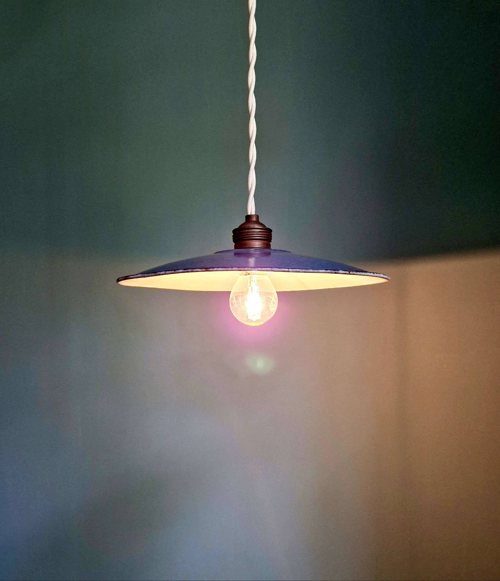 Old industrial pendant light in blue/grey enamelled sheet metal