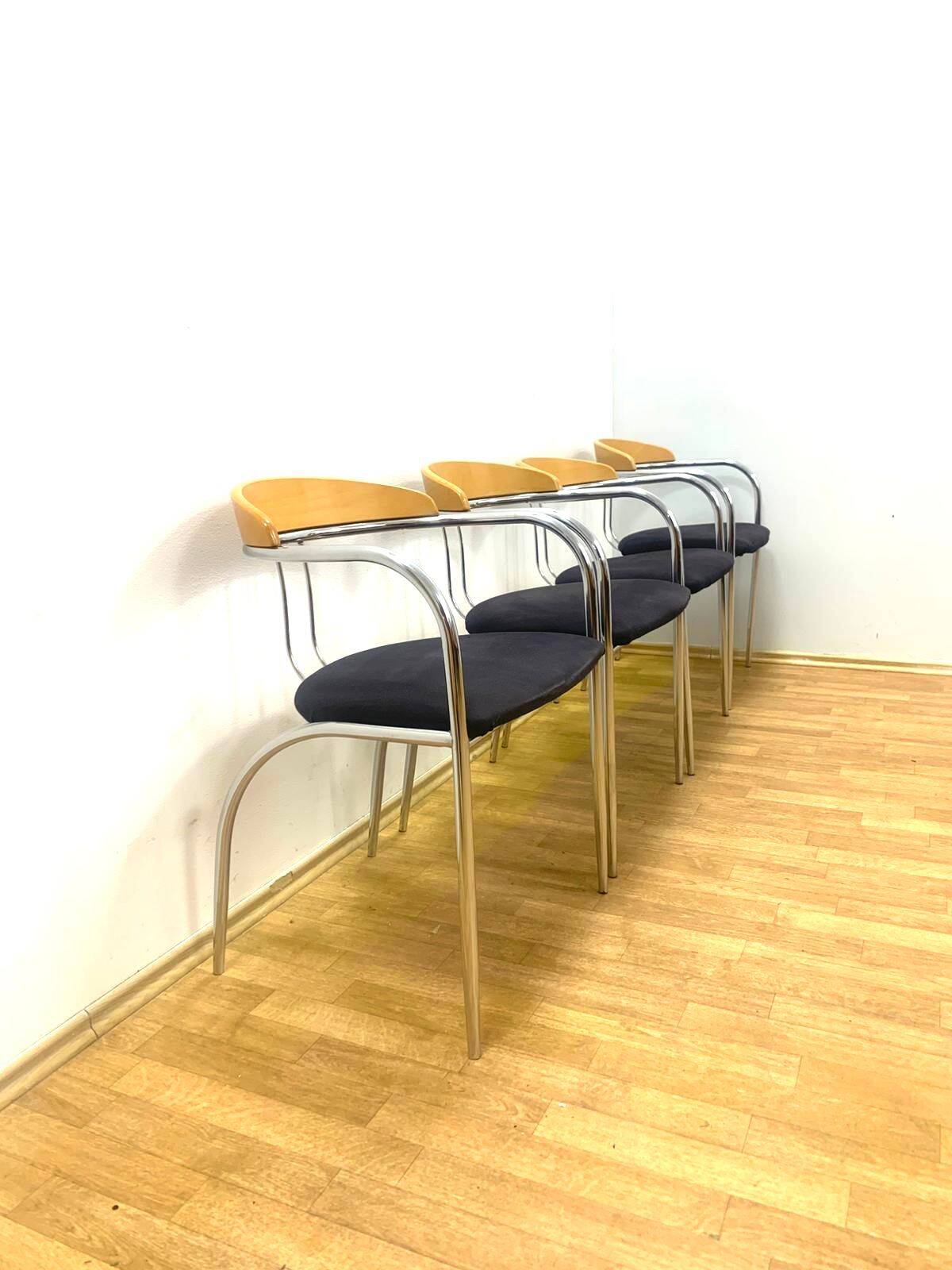 Set of 4 Chrome and Wood Chairs, Italy, 1980s