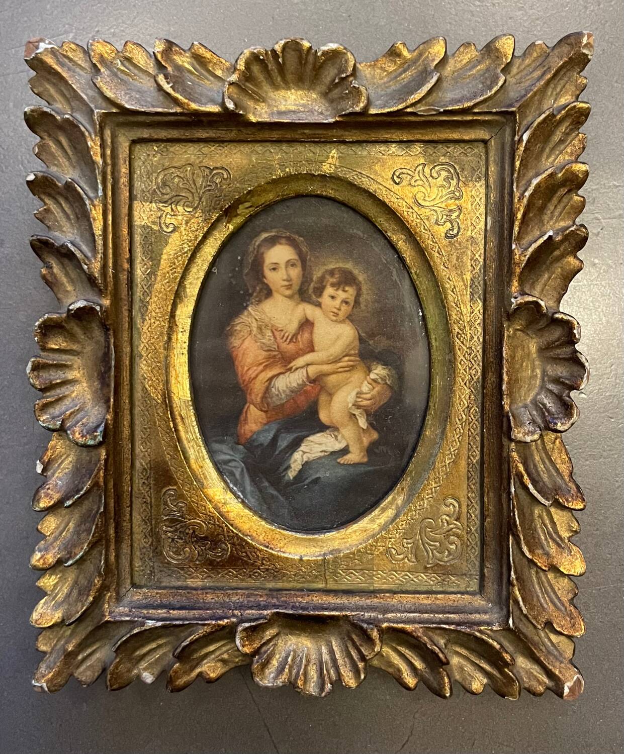 Old painting religious image carved wooden frame