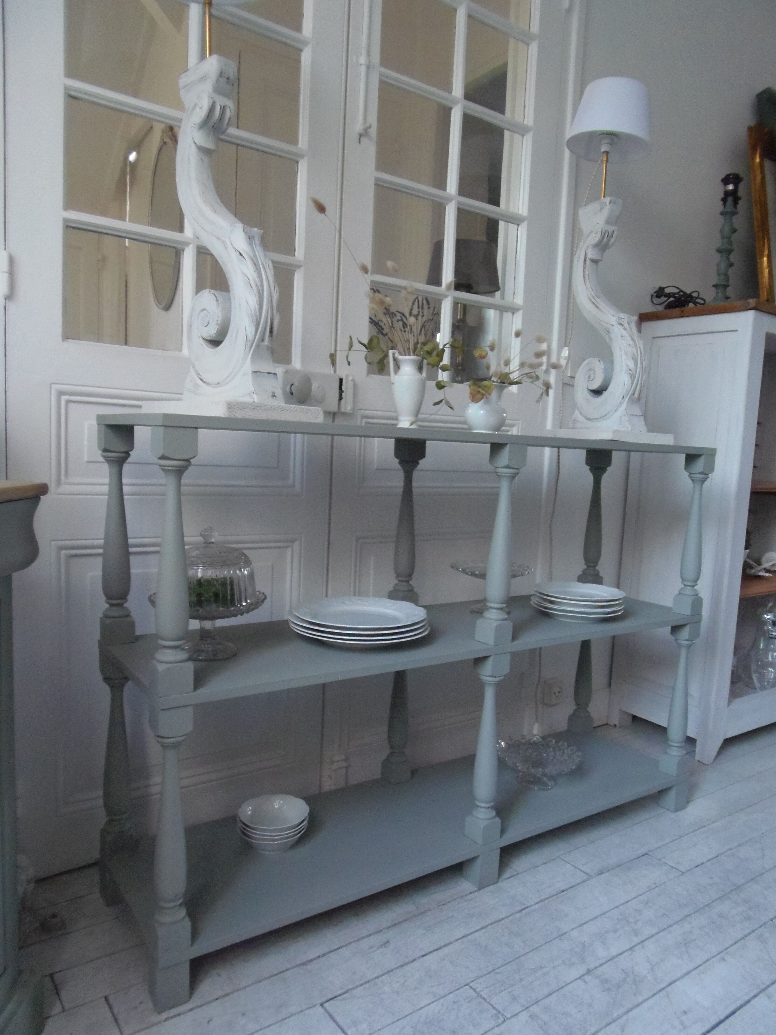 Console vintage 3 plateaux vert de gris