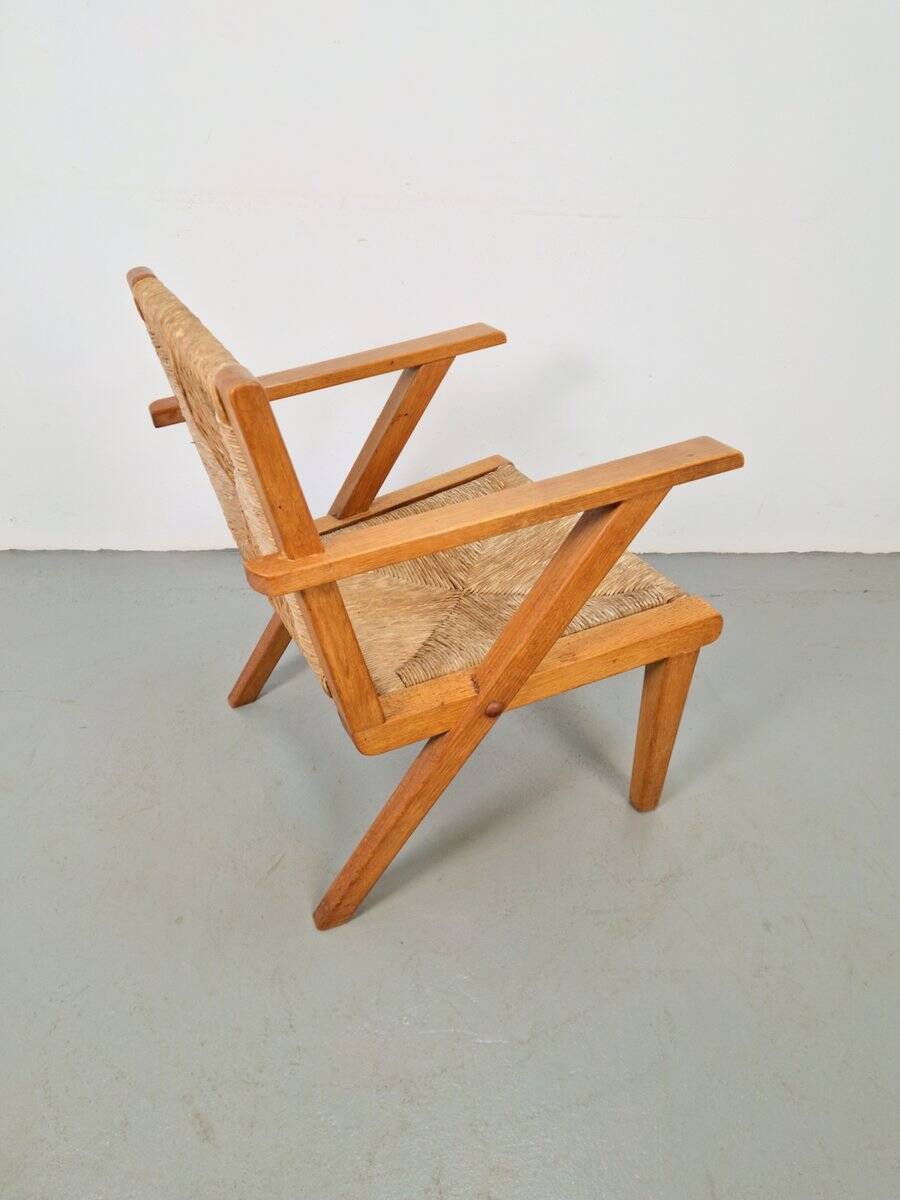 Chaises en bois brutalistes modernistes en paille, années 1940, ensemble de 3