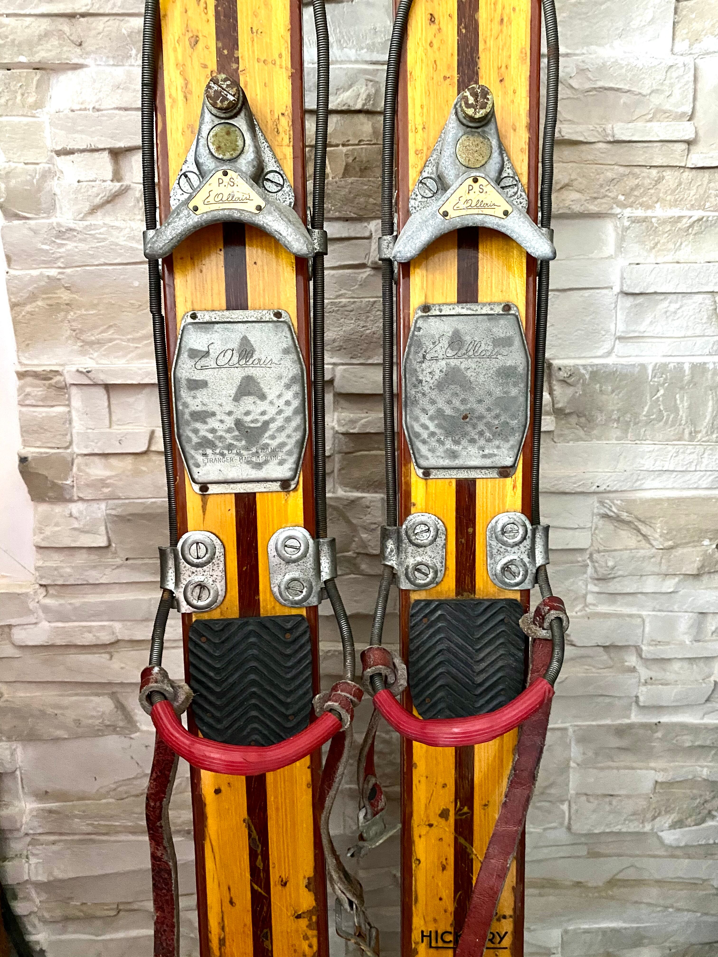 Vintage wooden Rossignol Hickory ski pair