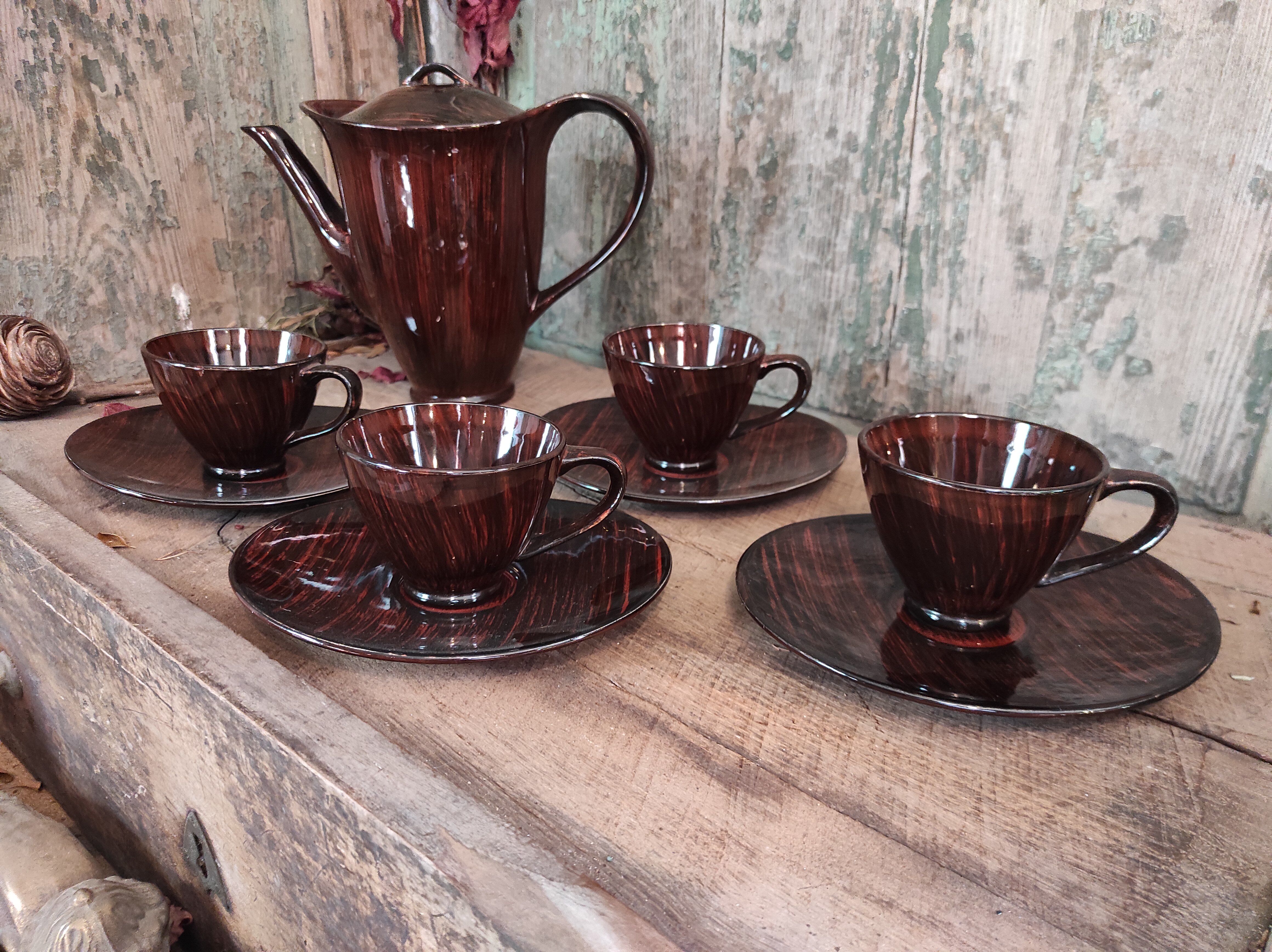 Mid Century French coffee set for 4, faïence Salins, model Bahamas