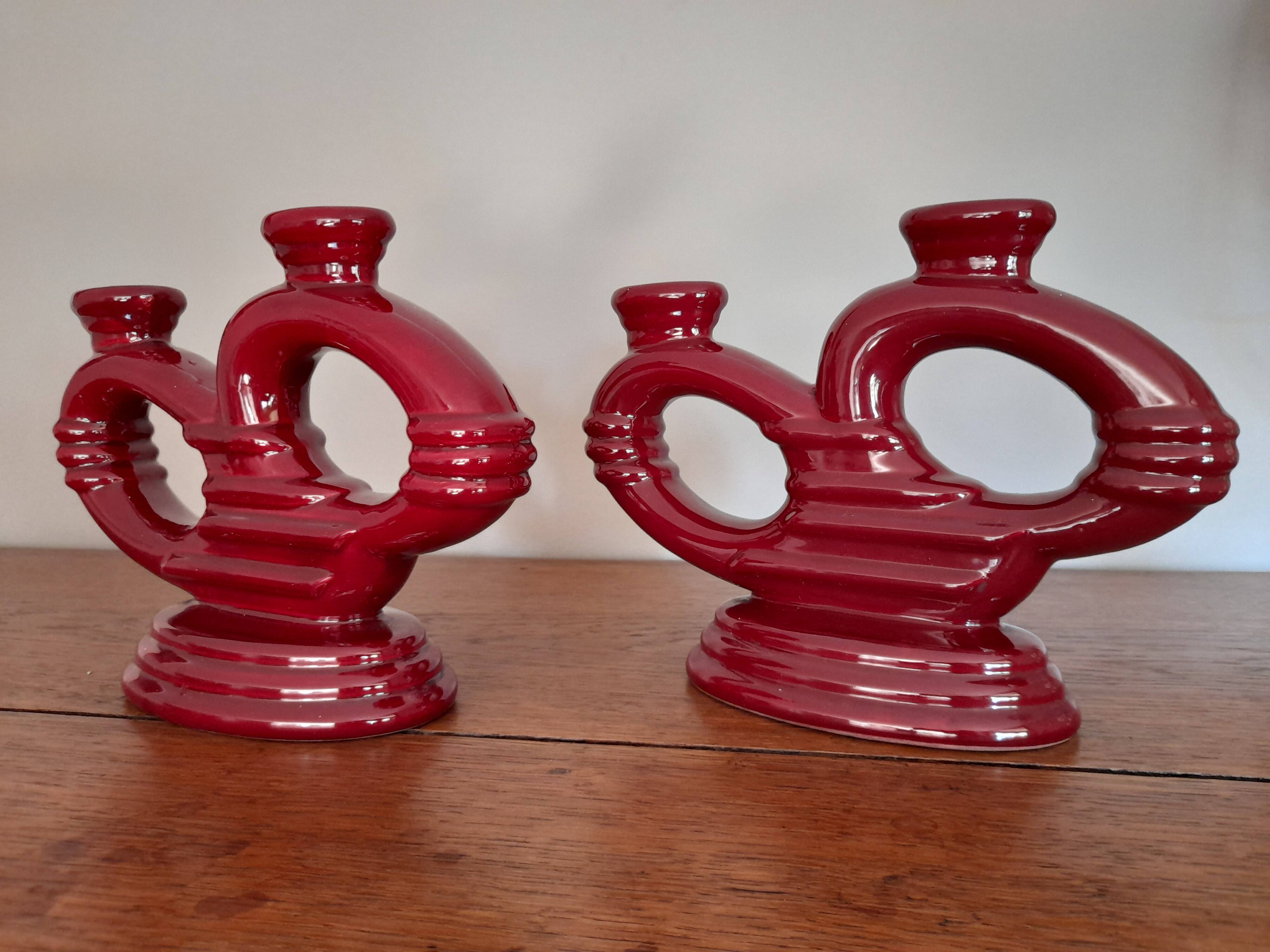 Set of 2 elegant Art Deco ceramic double candle holders