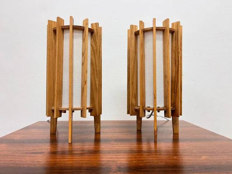 Ib fabiansen wooden space age table lamps by fog and mørup - denmark - 1960s