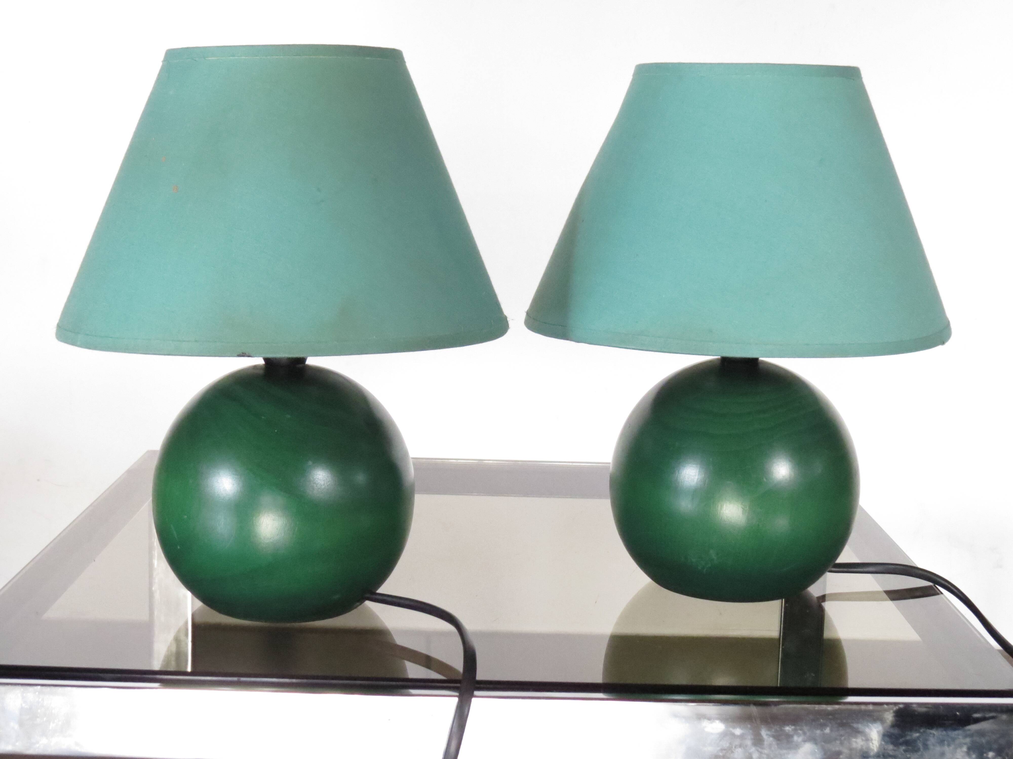 Pair of small green wooden ball lamps