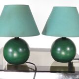 Pair of small green wooden ball lamps