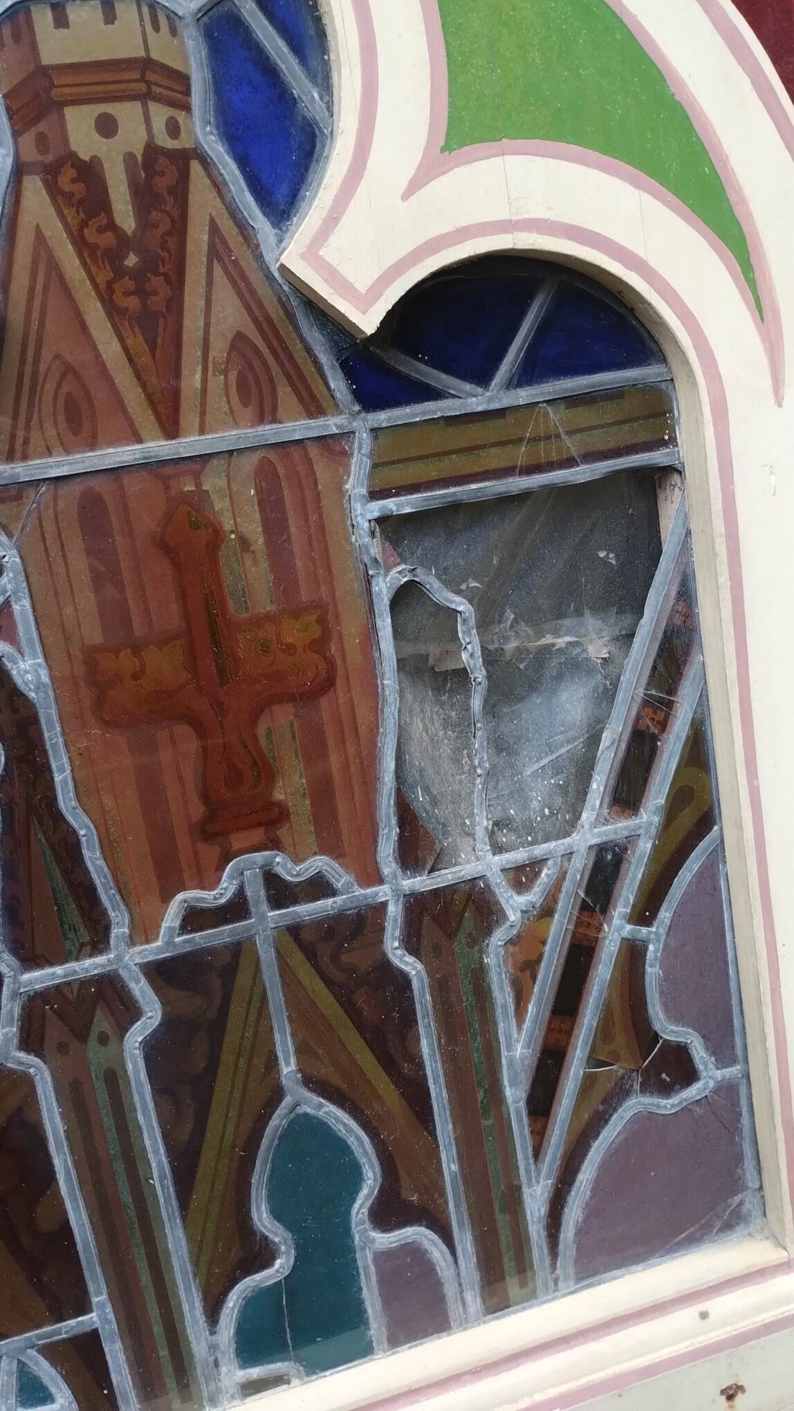 Large solid wood frame composed of 5 stained glass niches