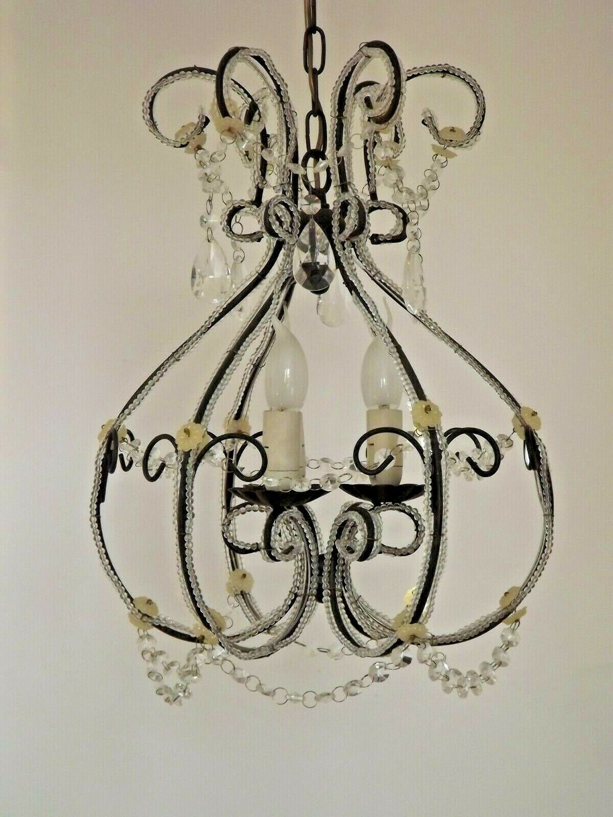 French Parisian Chic Black 3 Light Crystal Beaded 6 Sided Cage Chandelier 3620