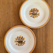 2 flat ironstone plates, Carnations, Creil and Montereau