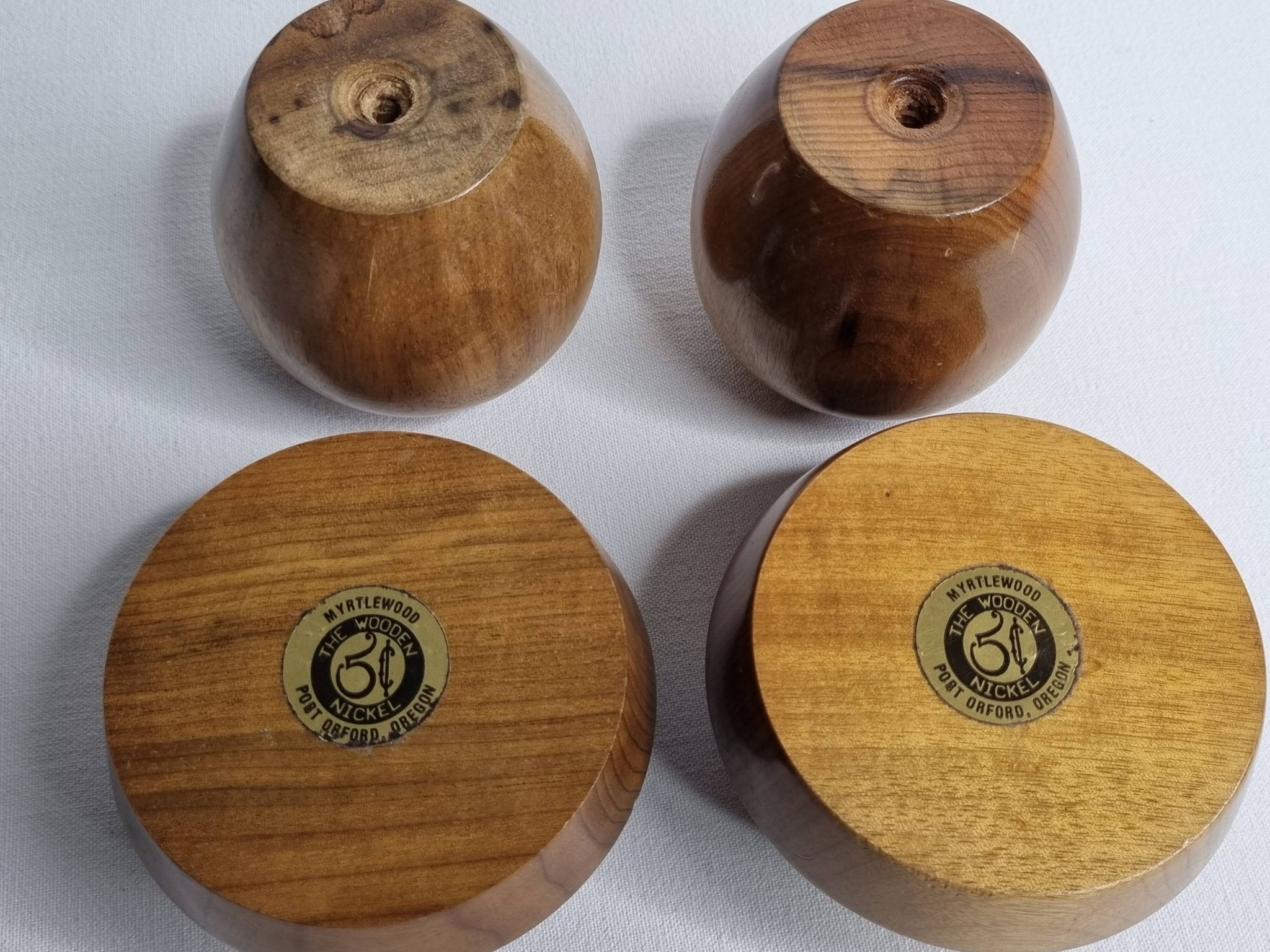 Set of 4 Myrtle Wood Candle Holders with Brass Inserts, Made in Port Orford, Oregon