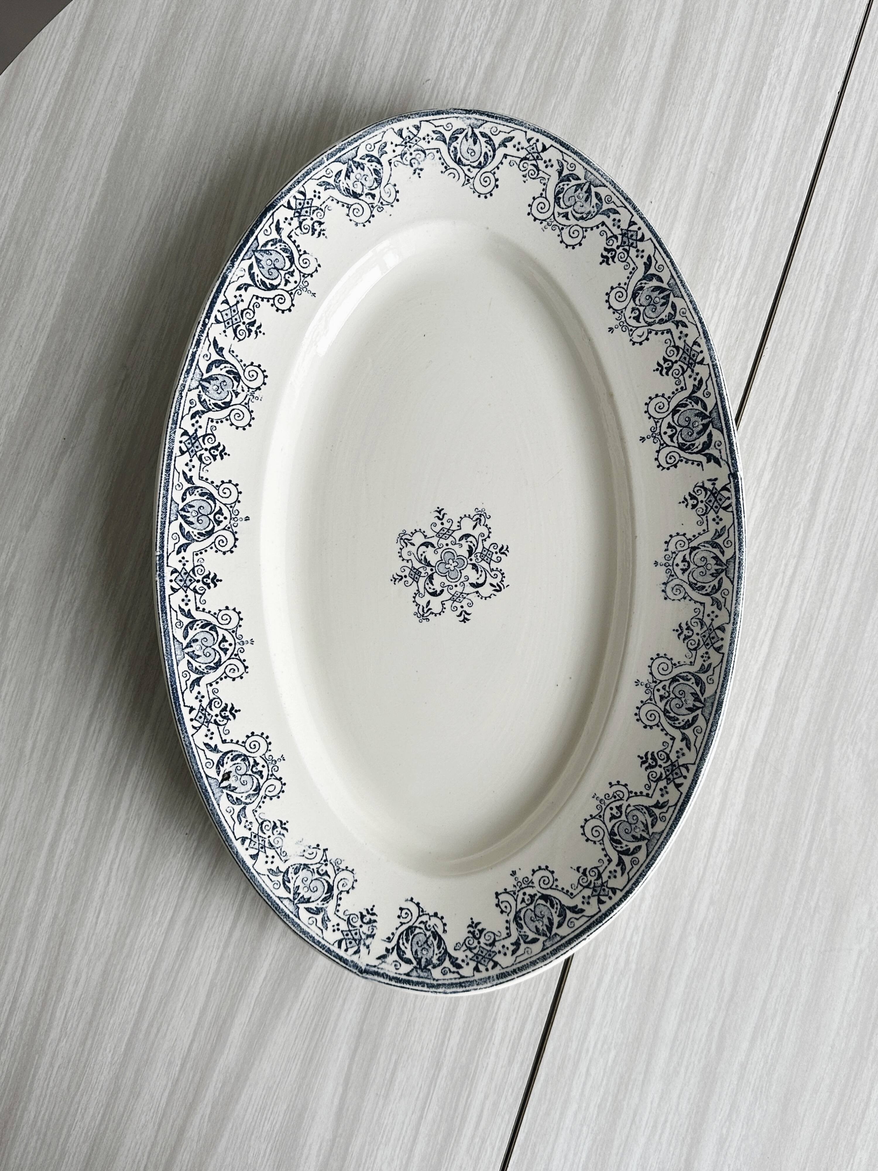 Oval ironstone dish with blue print