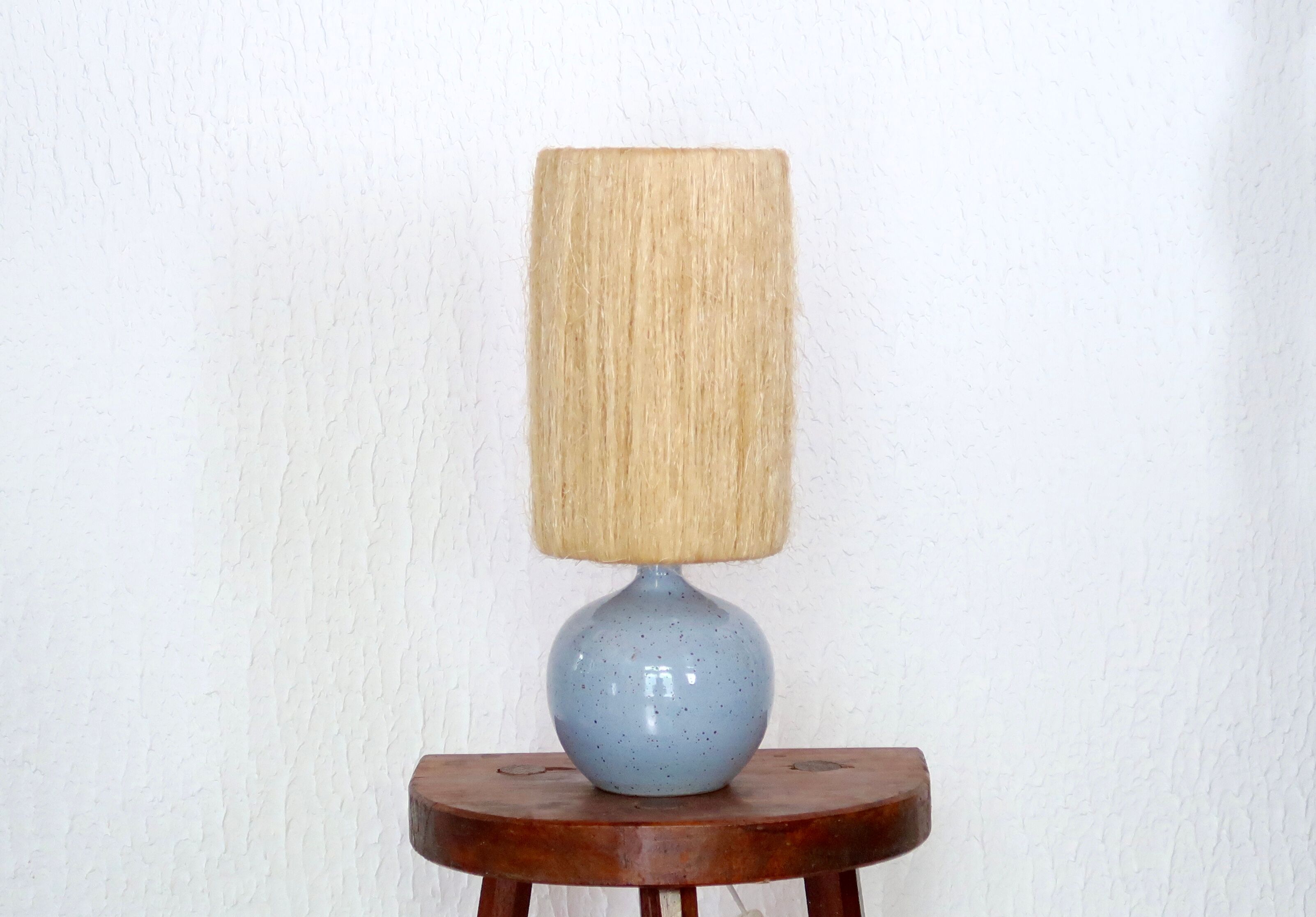 Blue ceramic lamp, hemp lampshade, 60s