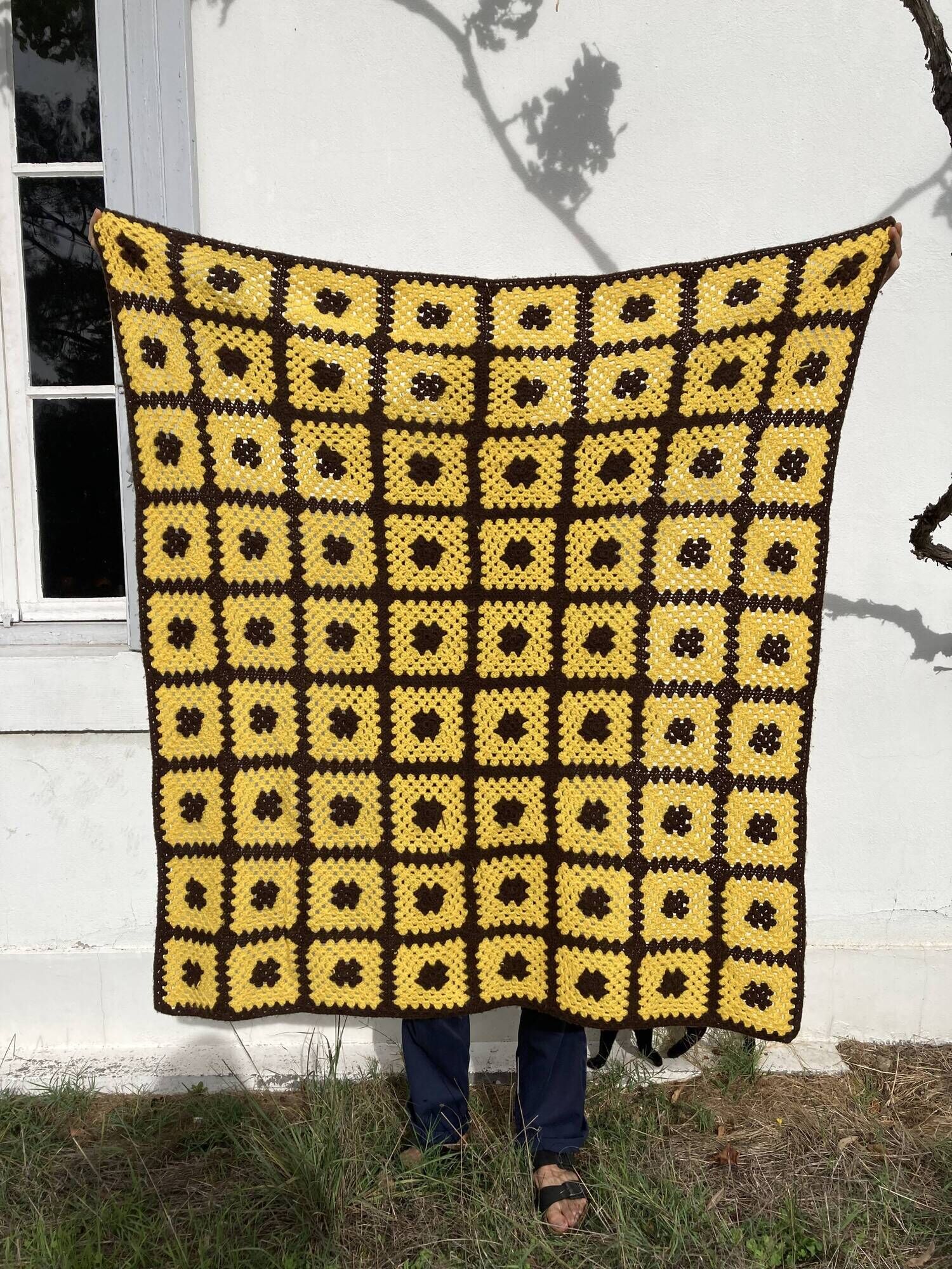 Brown and yellow crochet wool plaid - vintage cover