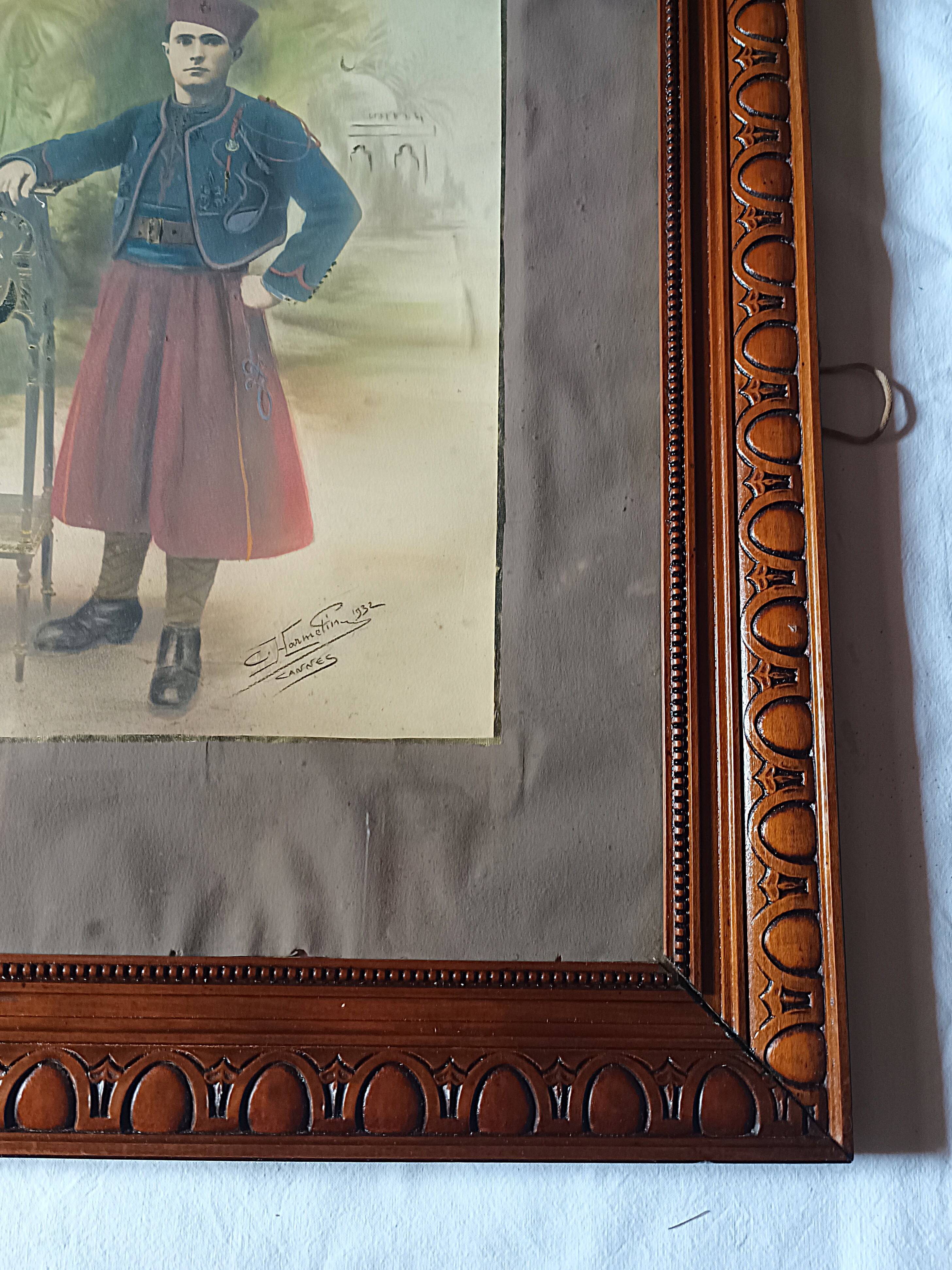 Framed Militaria 1932 large portrait of a Tunisian sharpshooter signed 66 cm X 55 cm