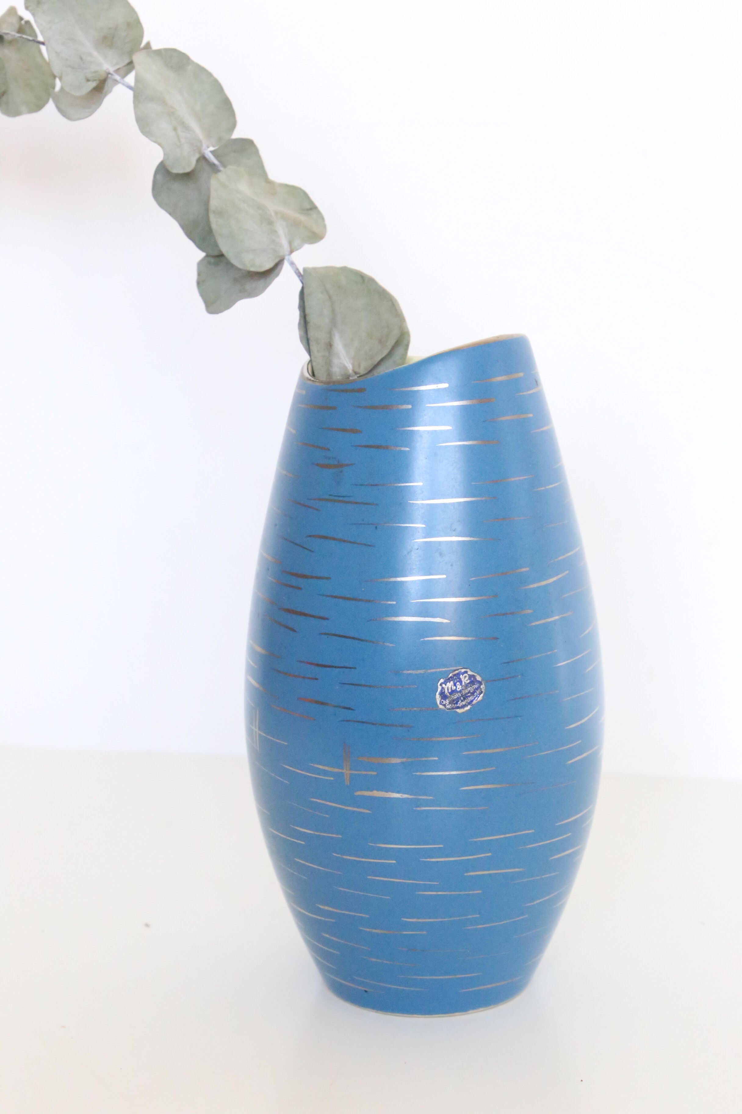 German ceramic vase, blue and gold, 1960, handicrafts, vintage