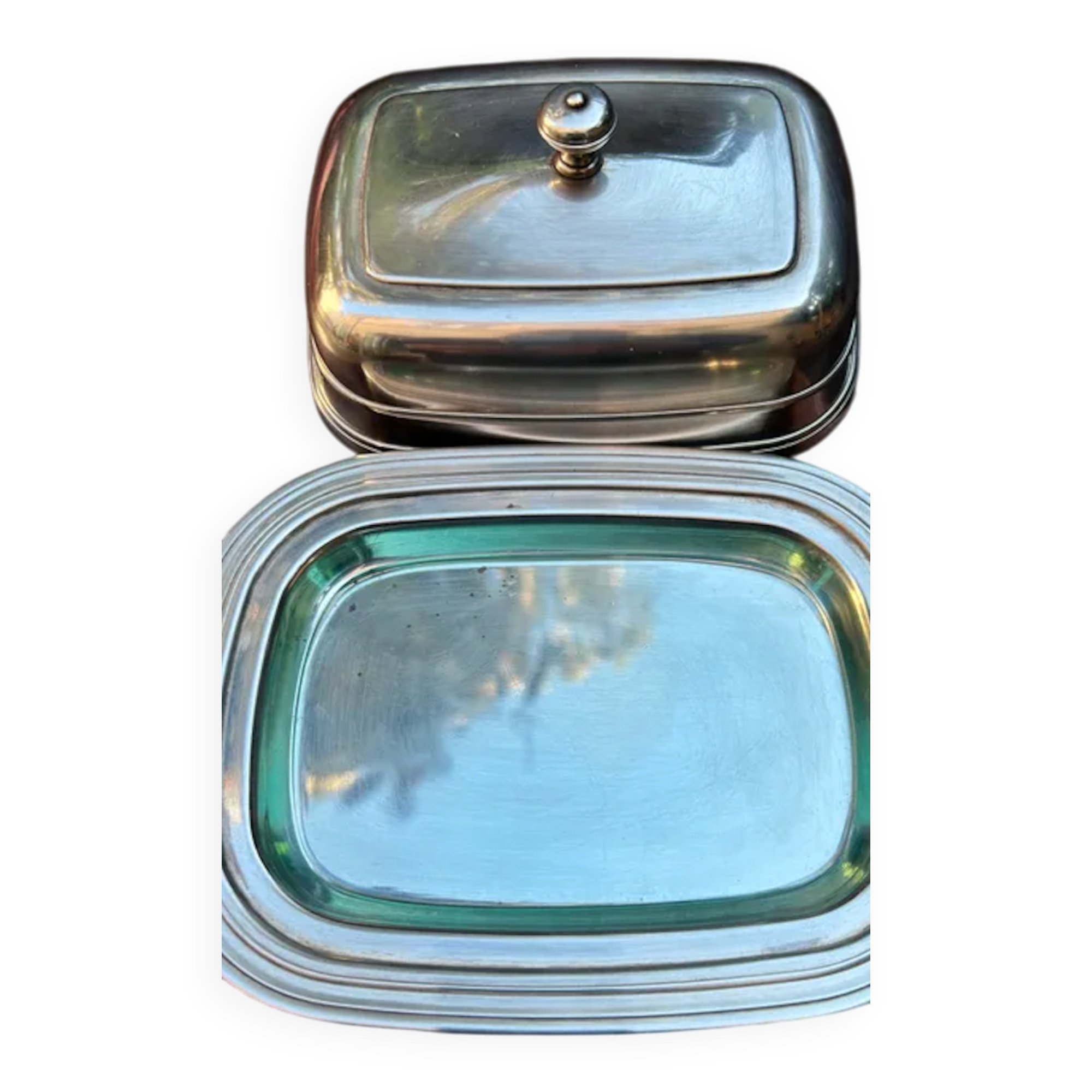 Christofle butter dish model Albi, Complete (3 pieces), Silver-plated Metal and Glass