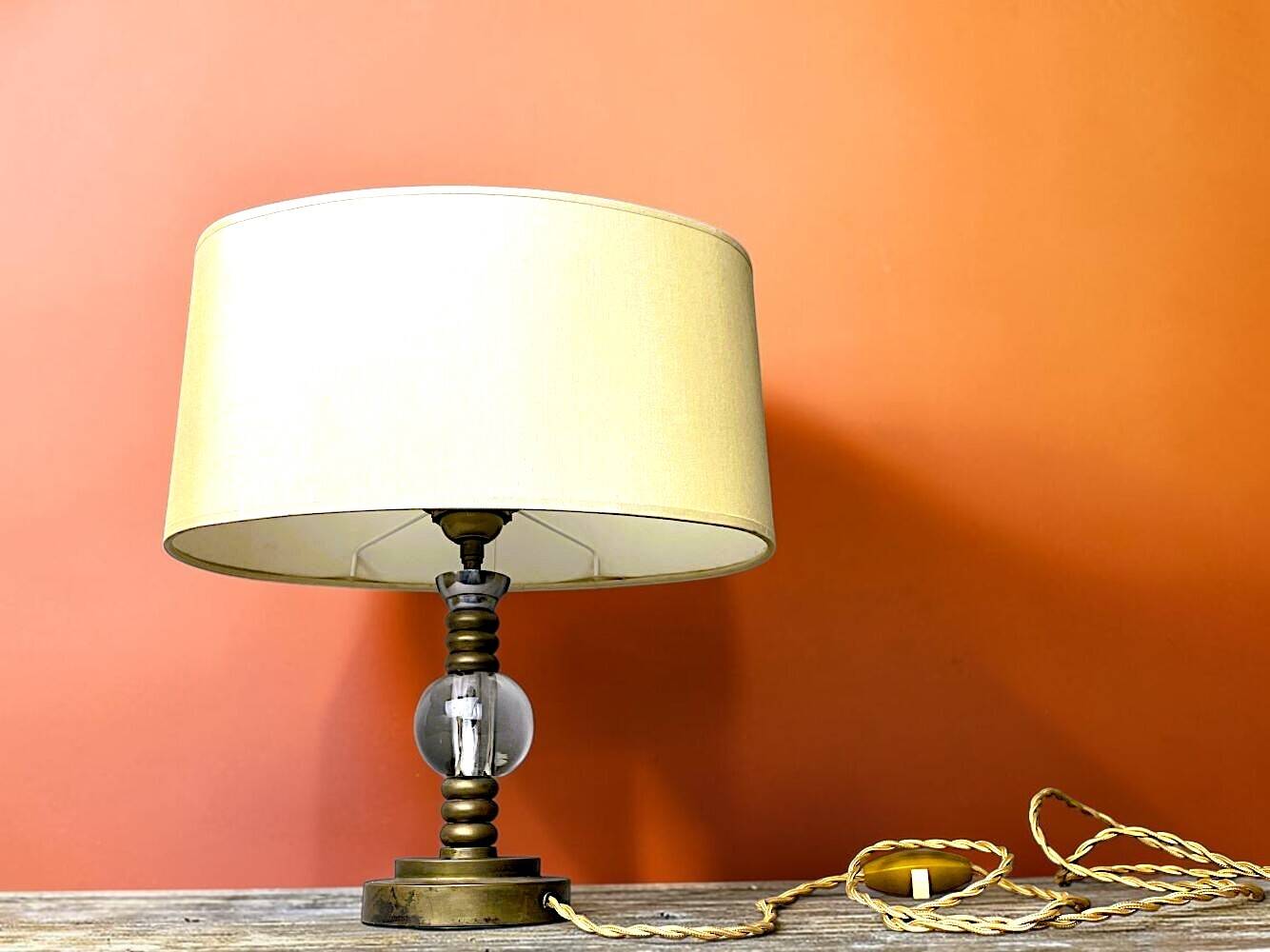 Hollywood Regency inspired brass table lamp drum lampshade