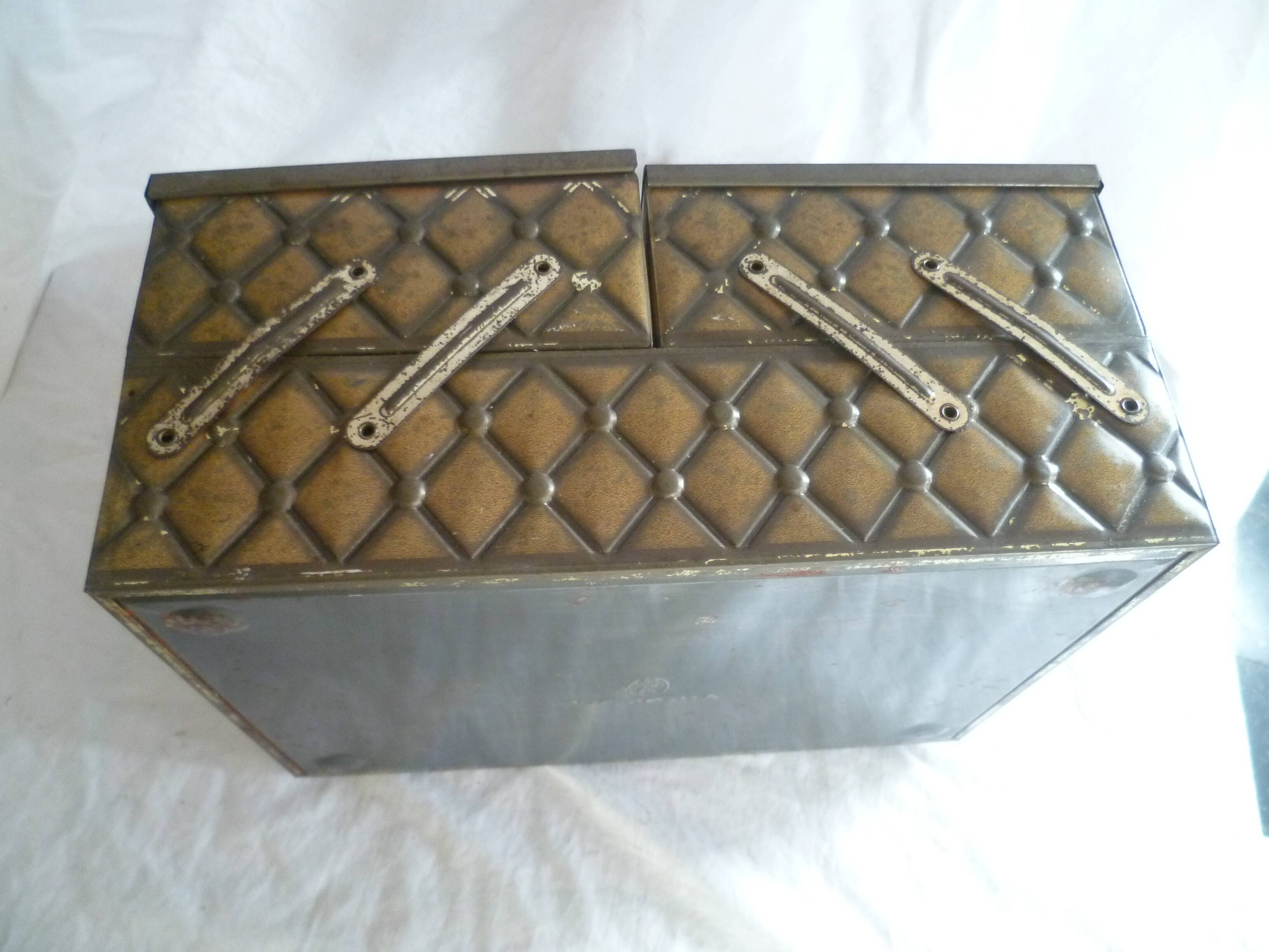 Iron sewing box, old Victoria biscuit tin, collector's item