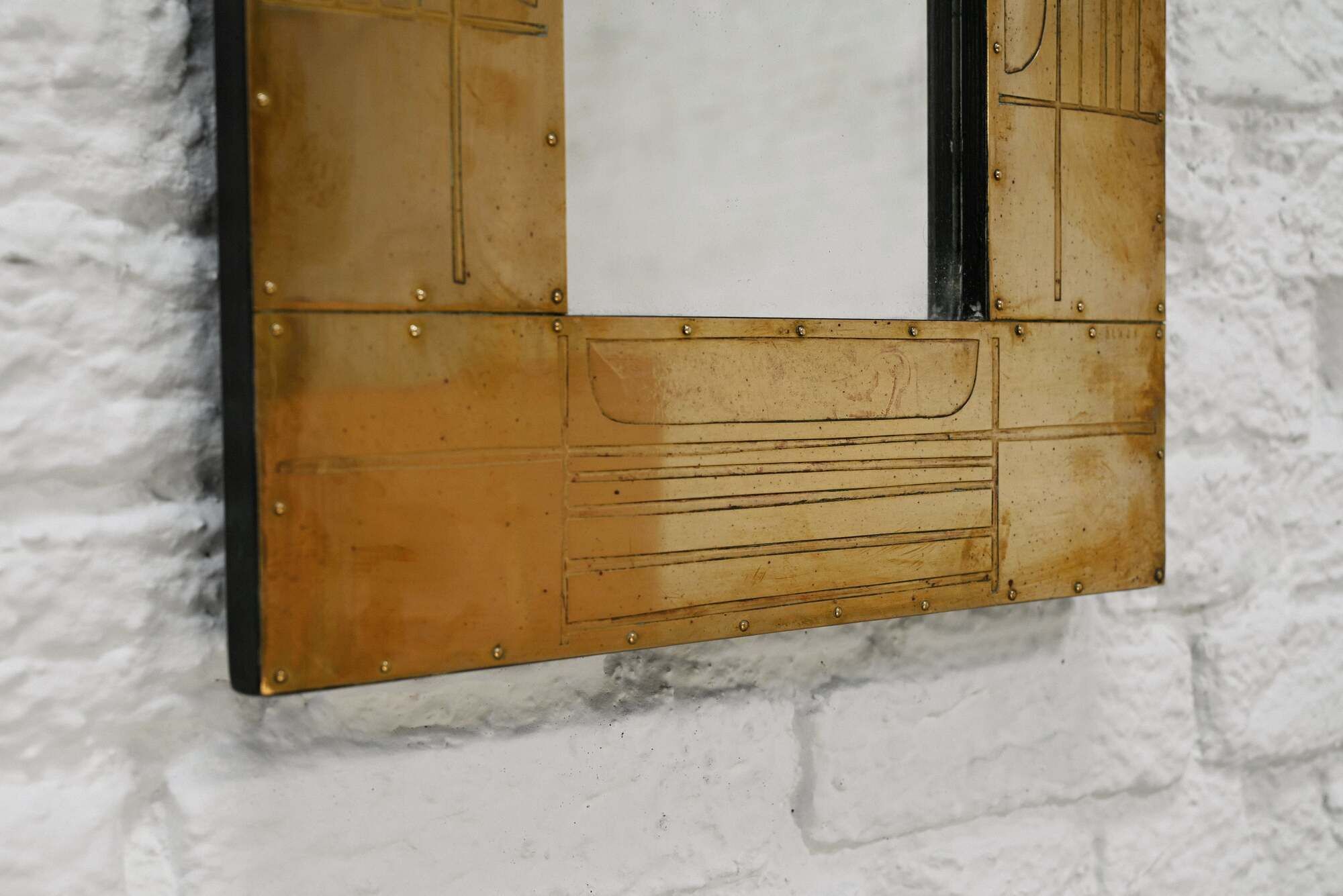 Sculptural Etched Brass Mirror by Jean Blazy, France, 1970s