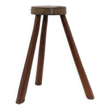 Brutalist French solid oak tripod stool with metal rim, 1850s