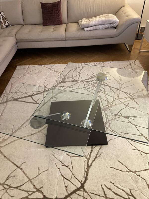 Table basse Roche Bobois – Double plateau verre & pied laqué noir